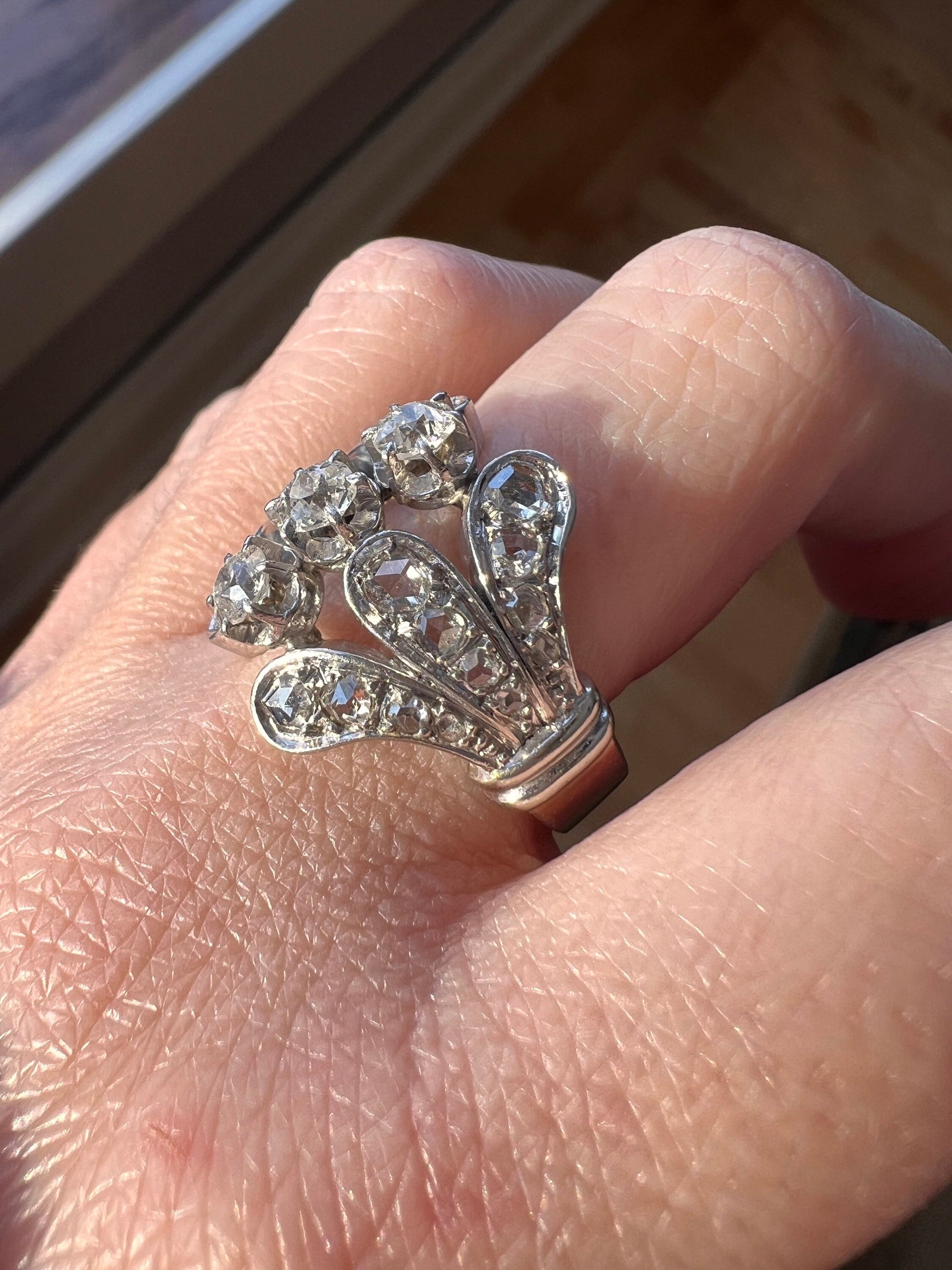 FRENCH Antique Art Deco 1.75 Carat (Apprx) 27 Old Mine Rose Cut DiAMOND Ring 8.5g 18k White GoLD PLATiNUM Heavy Chunky 1.75Ctw Cocktail OMC