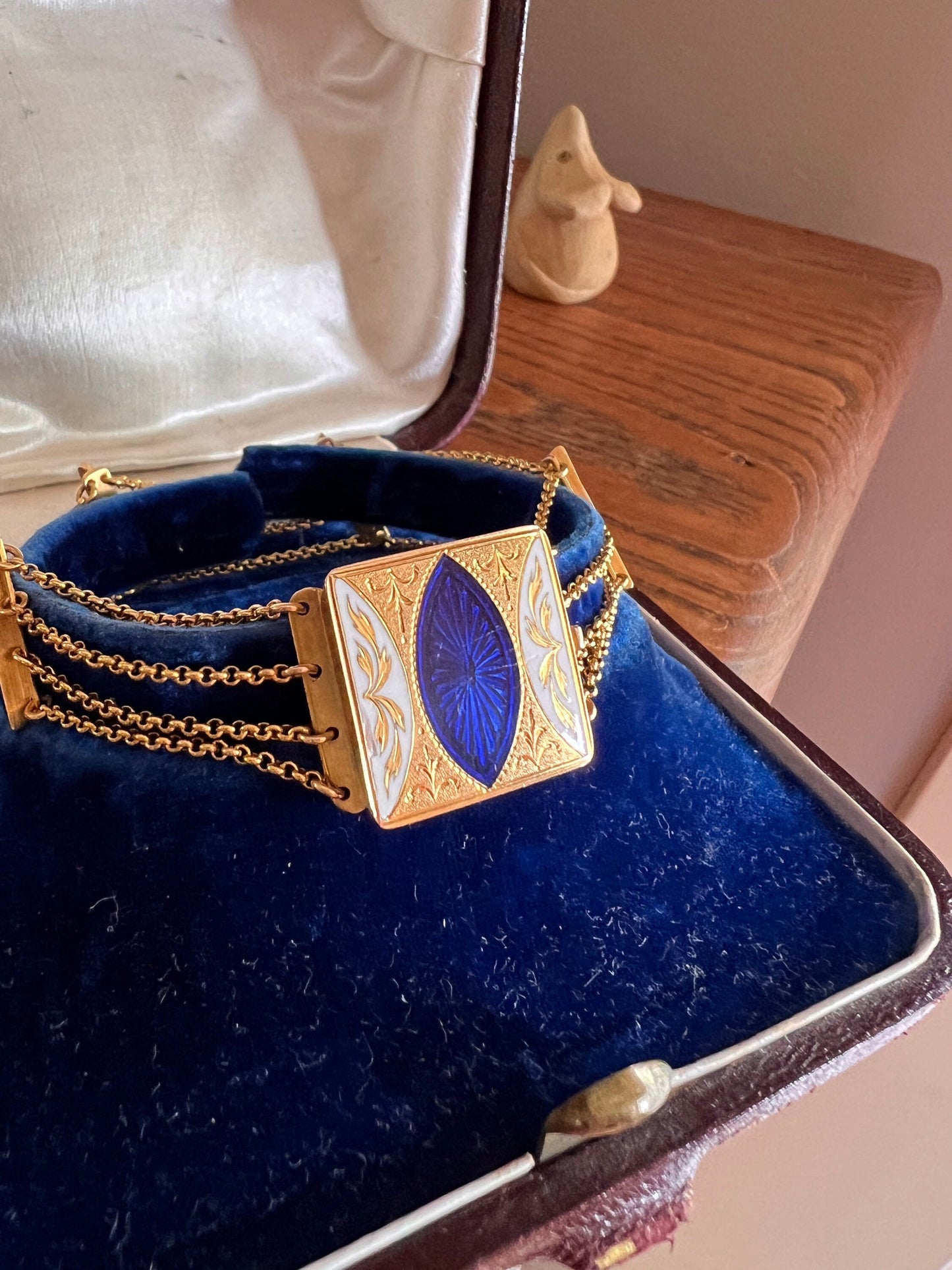 SPECIAL Georgian Antique c1801 Multi Strand Four Chain Bracelet Cobalt Blue White ENAMEL 18k Gold BOXED Romantic Gift Bridal Something Old