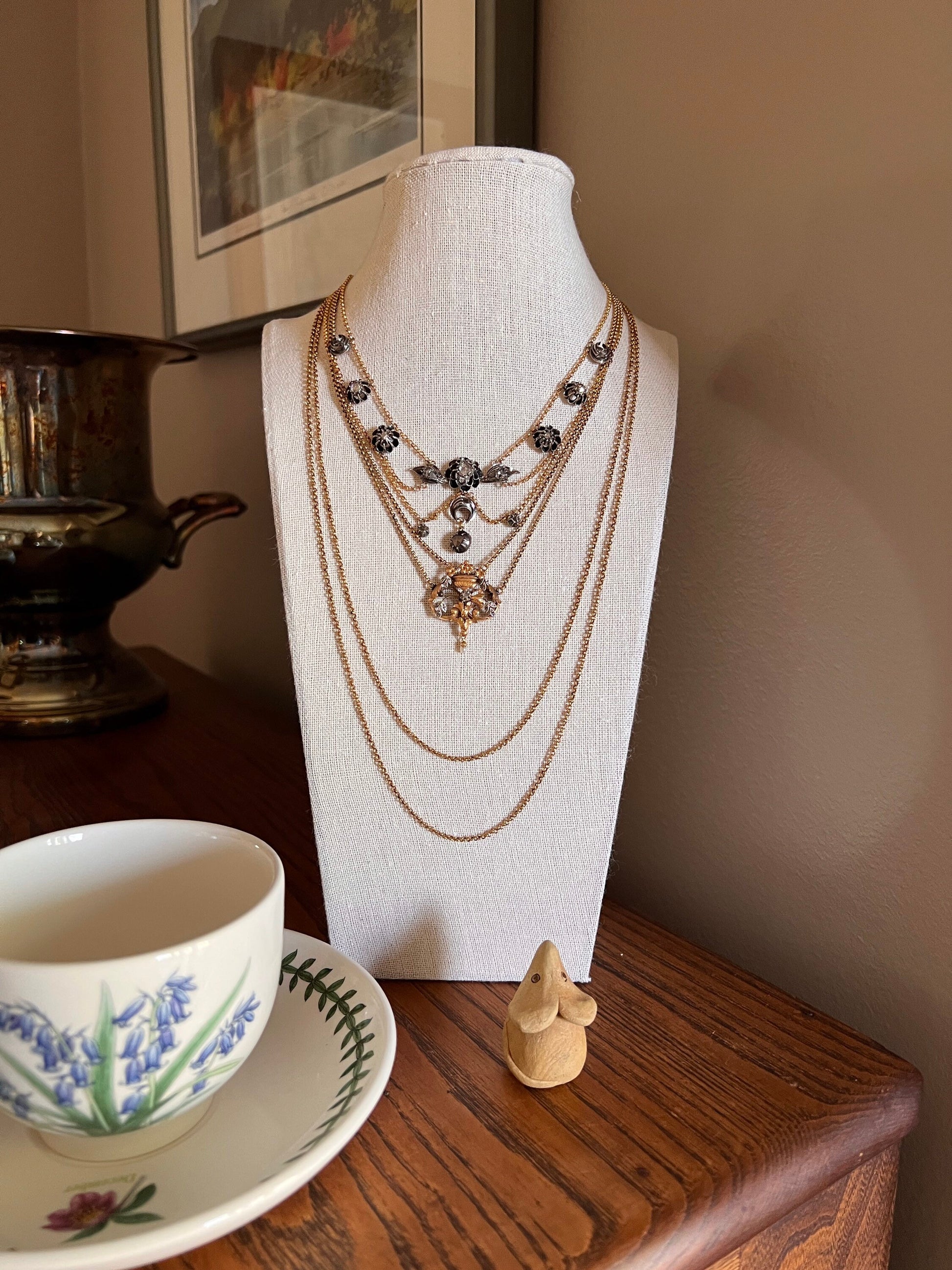 Antique 2Strand Esclavage Chain 1.3 Carat Table Rose Cut DIAMOND 18k Gold Silver Collet Necklace Giardinetti 15" Choker Bridal Something Old