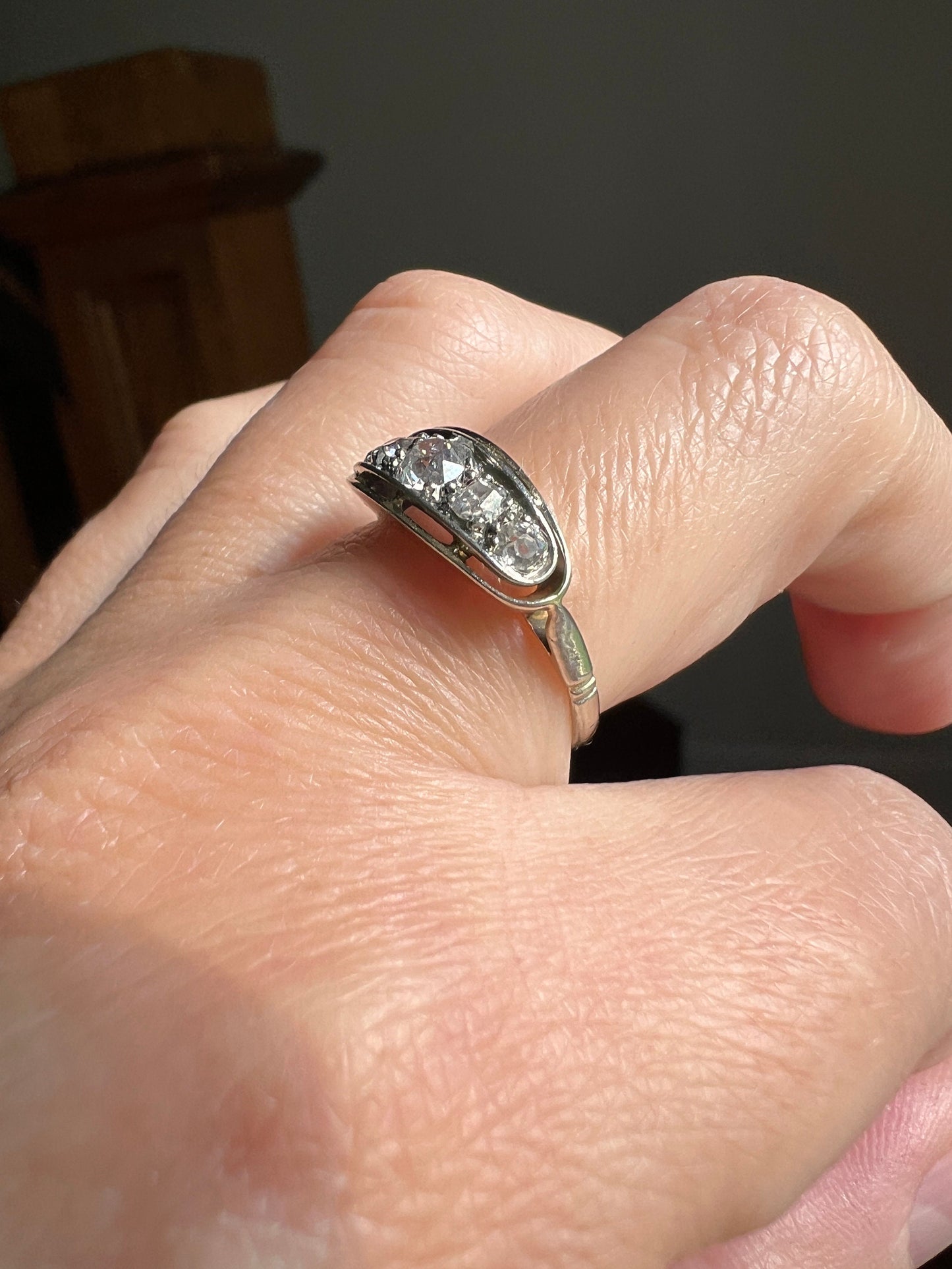 French ANTIQUE PLATINUM .5 Ctw Old Mine Cut Diamond Five Stone Boat East West Navette Ring Edwardian Belle Epoque Stacker Band Halo Stacking