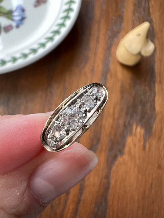 French ANTIQUE PLATINUM .5 Ctw Old Mine Cut Diamond Five Stone Boat East West Navette Ring Edwardian Belle Epoque Stacker Band Halo Stacking