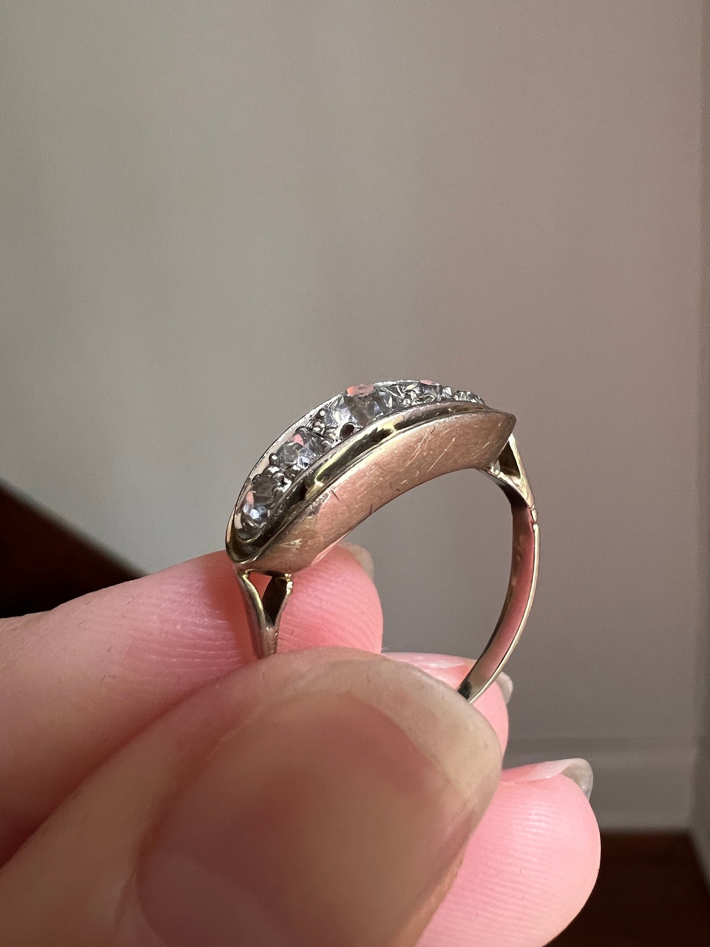 French ANTIQUE PLATINUM .5 Ctw Old Mine Cut Diamond Five Stone Boat East West Navette Ring Edwardian Belle Epoque Stacker Band Halo Stacking
