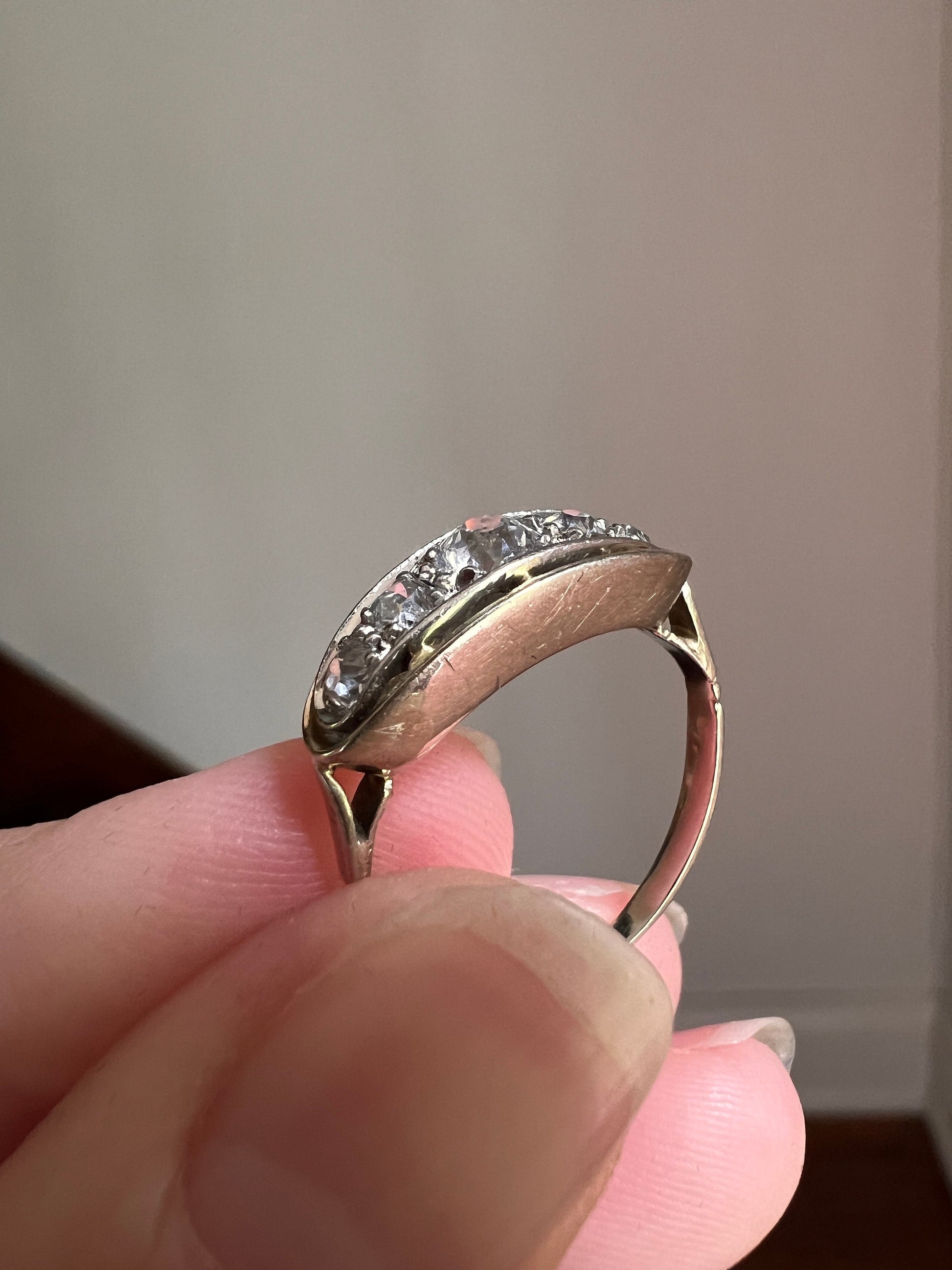 French ANTIQUE PLATINUM .5 Ctw Old Mine Cut Diamond Five Stone Boat East West Navette Ring Edwardian Belle Epoque Stacker Band Halo Stacking