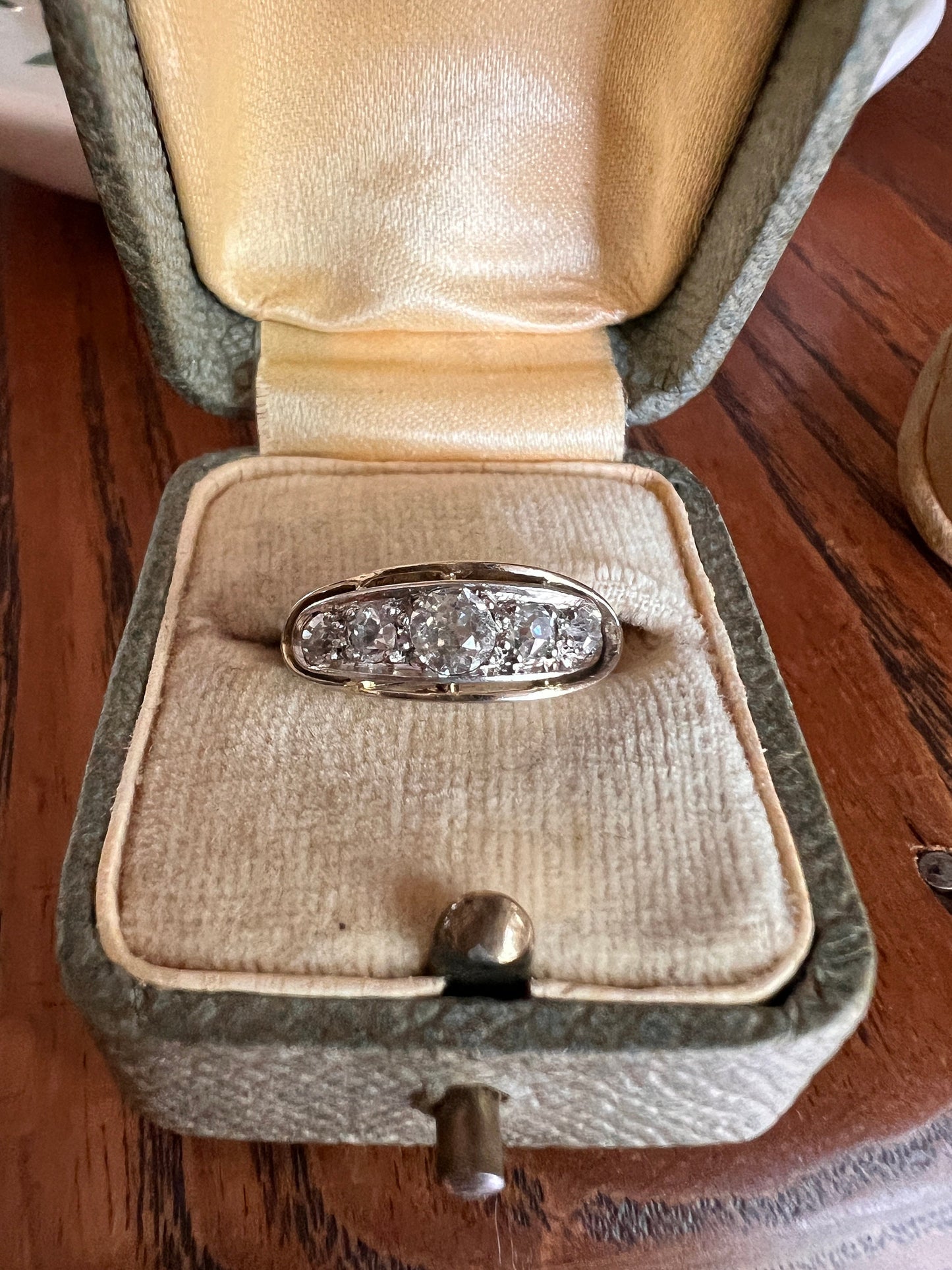 French ANTIQUE PLATINUM .5 Ctw Old Mine Cut Diamond Five Stone Boat East West Navette Ring Edwardian Belle Epoque Stacker Band Halo Stacking