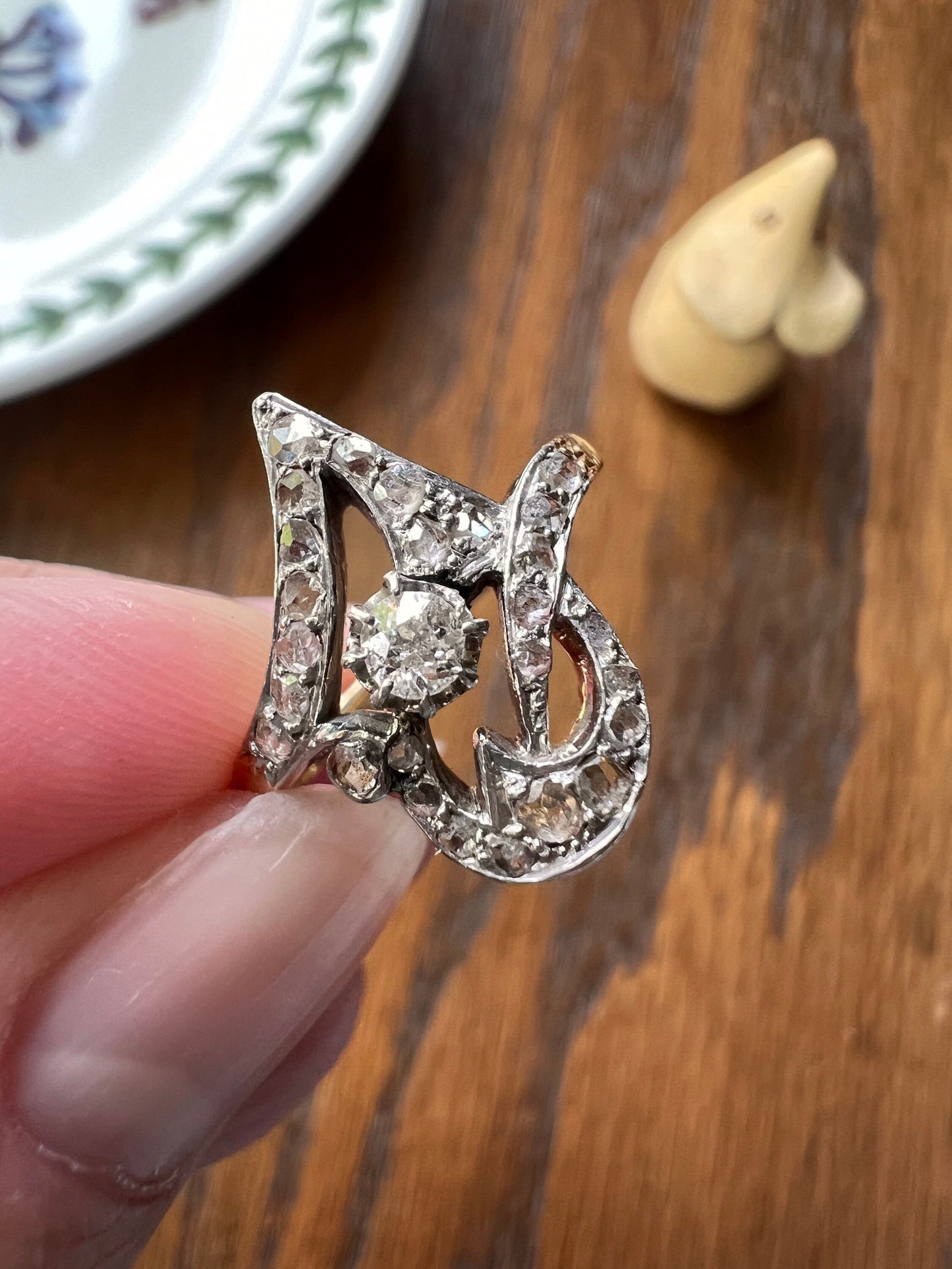 Unique French Antique SWIRL Old Rose Cut DiAMOND Ring 18k GOLD Romantic Gift Stacker Initial J G F Art Nouveau Belle Epoque Figural Monogram