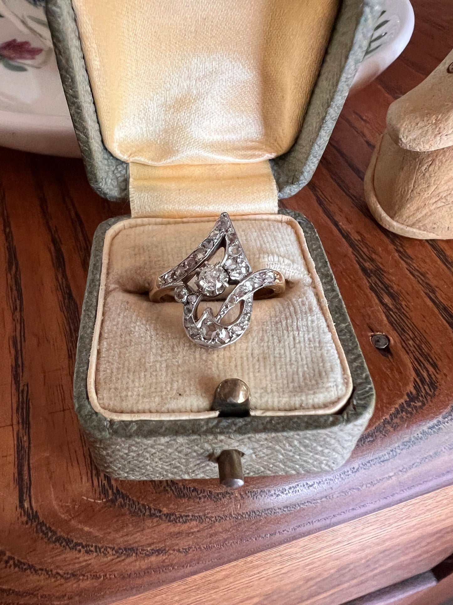 Unique French Antique SWIRL Old Rose Cut DiAMOND Ring 18k GOLD Romantic Gift Stacker Initial J G F Art Nouveau Belle Epoque Figural Monogram