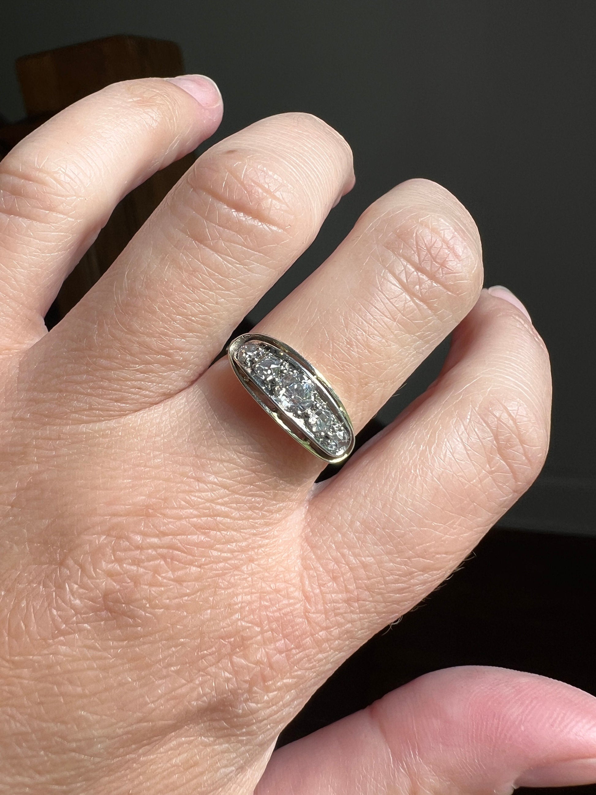 French ANTIQUE PLATINUM .5 Ctw Old Mine Cut Diamond Five Stone Boat East West Navette Ring Edwardian Belle Epoque Stacker Band Halo Stacking