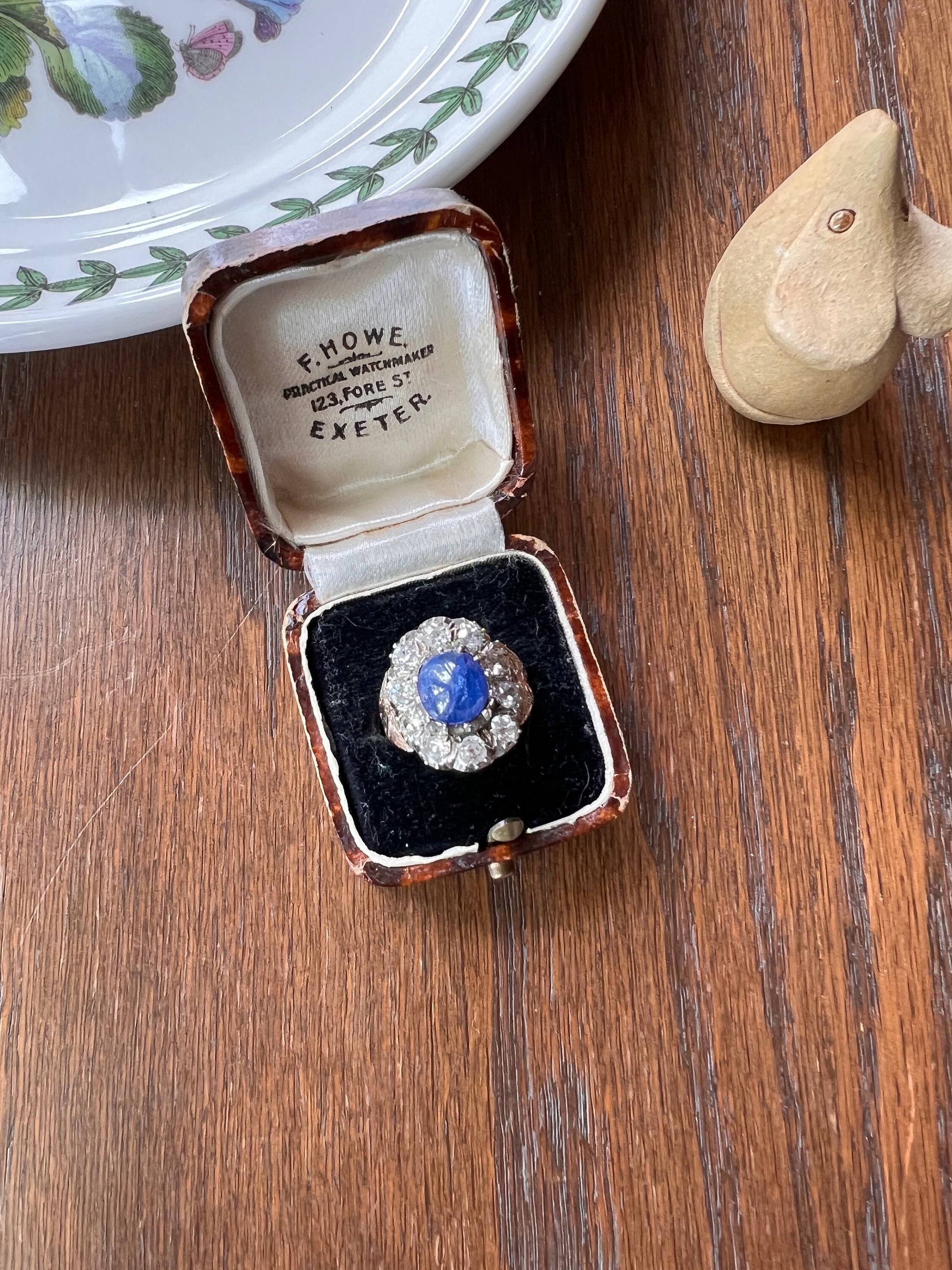 GEORGIAN Antique HEAVY Natural Cabochon Sapphire 1 Carat Old Mine Cut Diamond Halo Ring & Box French? Tall Domed Blue Silver Collet OMC Gift