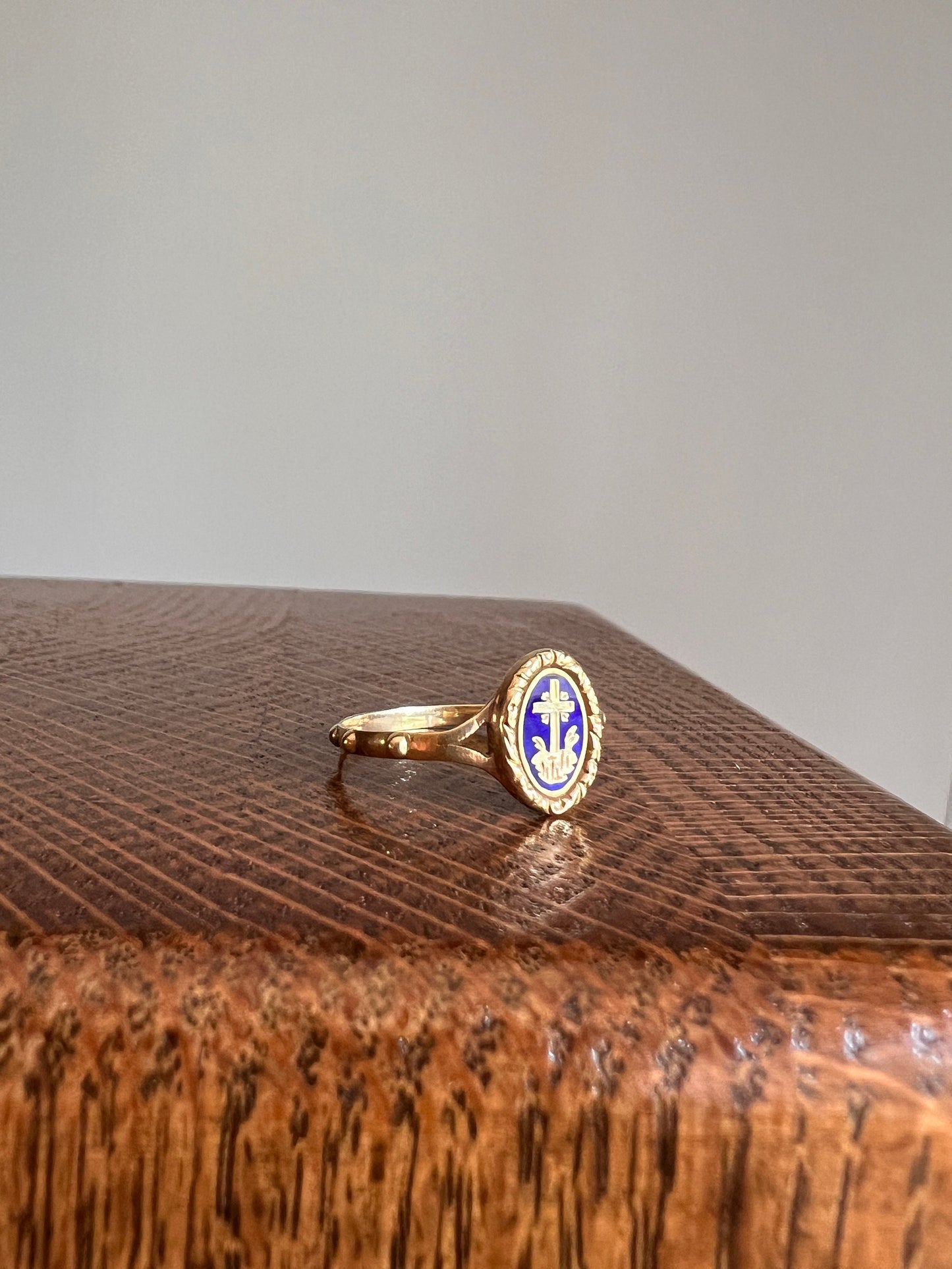 French Antique Cross Blue Enamel Ring 18k Gold Oval Halo Ball Rivets Victorian Belle Epoque Romantic Gift Figural Cobalt Navy Religious
