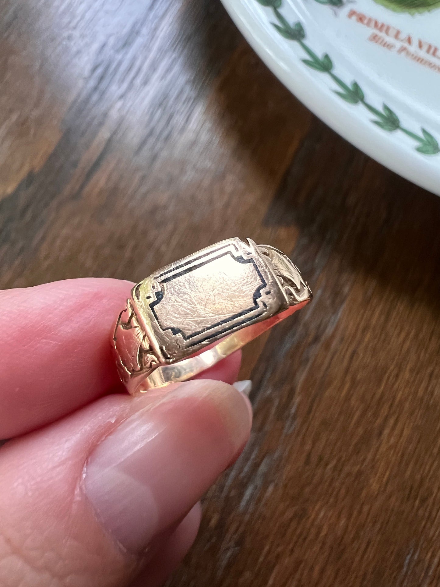 French Antique GEORGIAN Rococo Era Black Enamel Border Signet Ring 18k Gold Victorian Belle Epoque Romantic Gift Blank No Monogram Rectangle