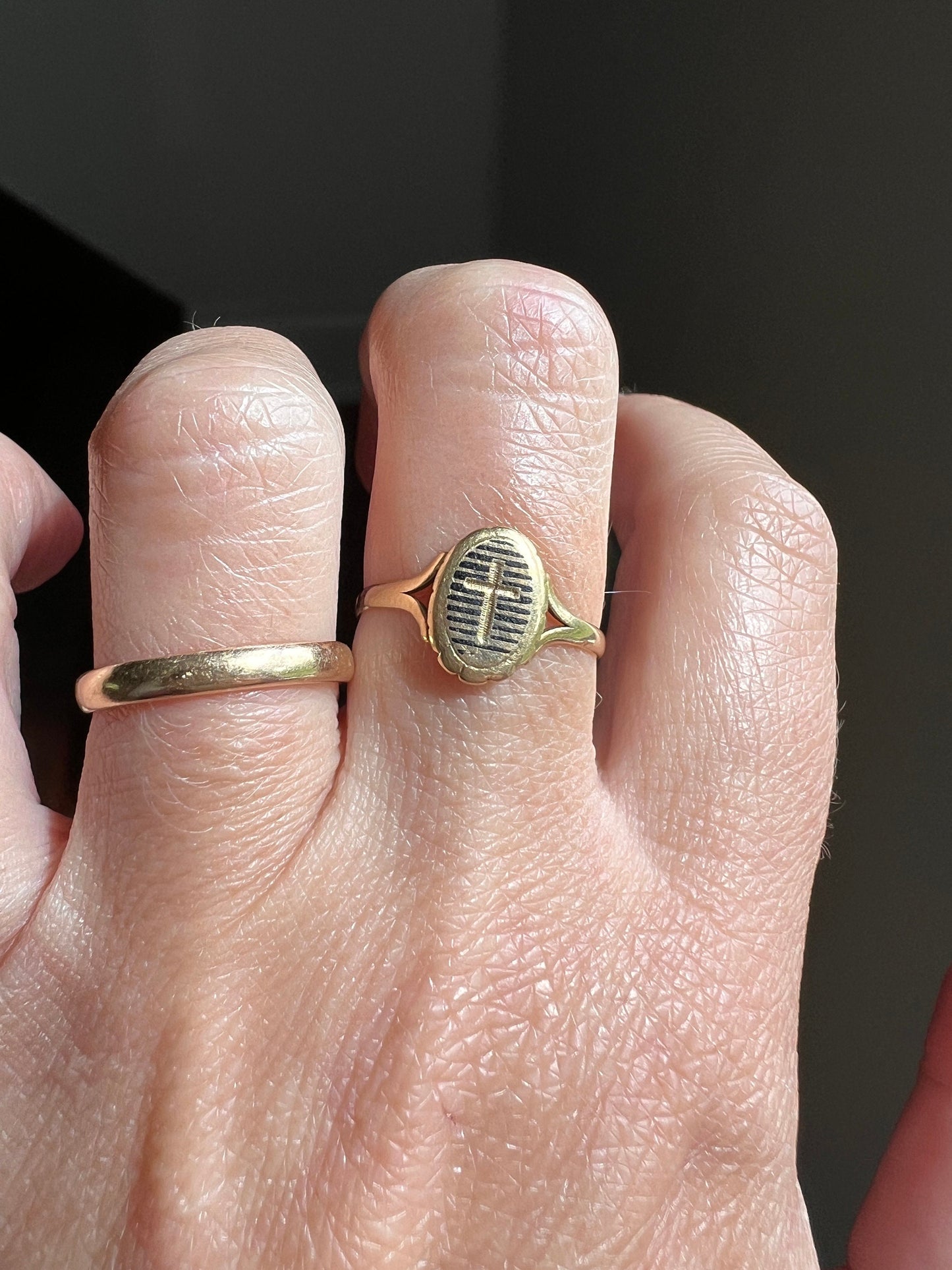 CROSS Antique Black Enamel STRIPES French Victorian Ring 18k Gold Folk Romantic Gift Jewelry with Symbols Religious Christian Stacker