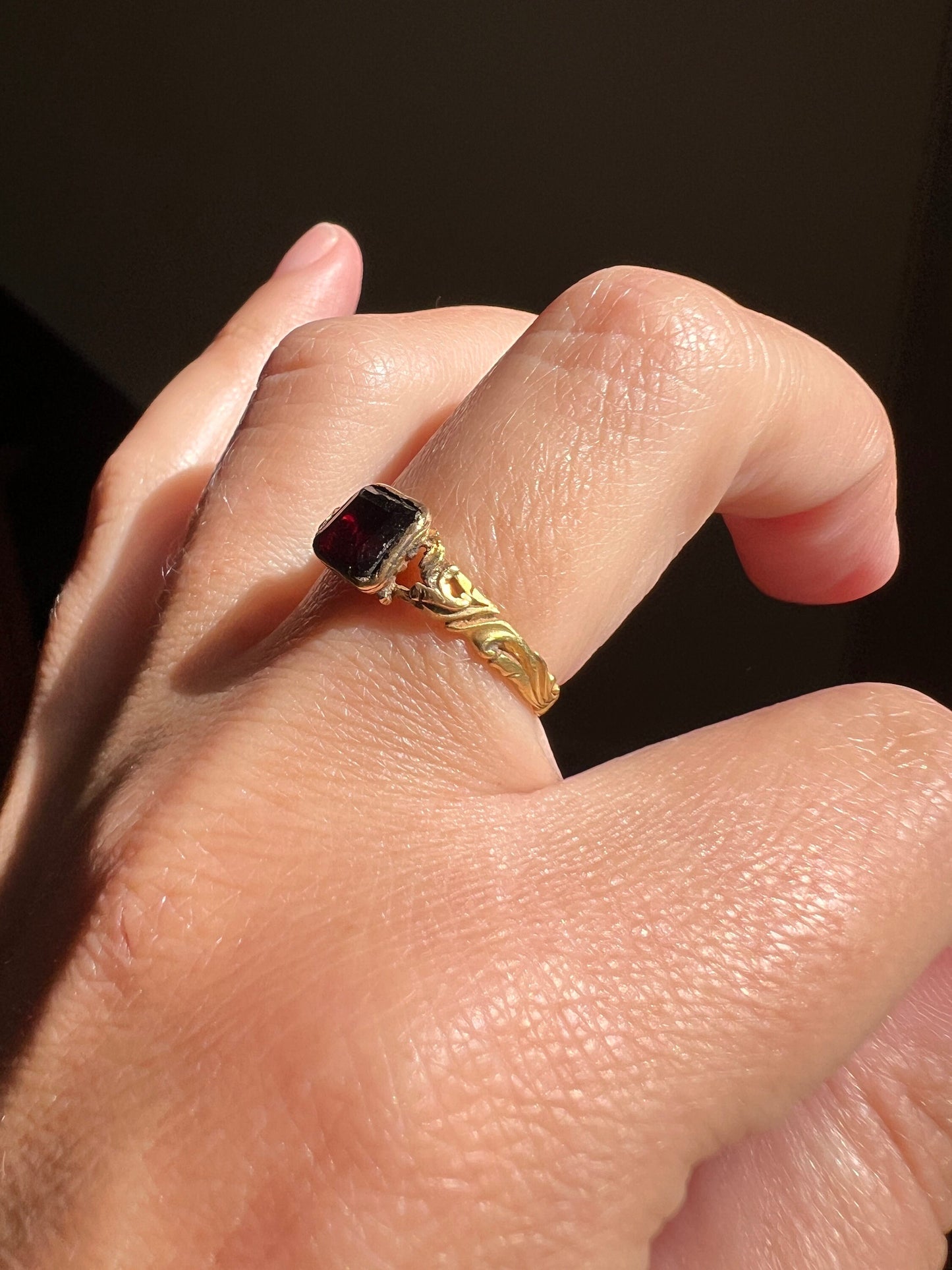 GEORGIAN Flat Cut Garnet 18k Gold Scrolled Shoulders Closed Back Ring Butt Lover's Club Band Stacker Geometric Rectangular Crimson Red Gift