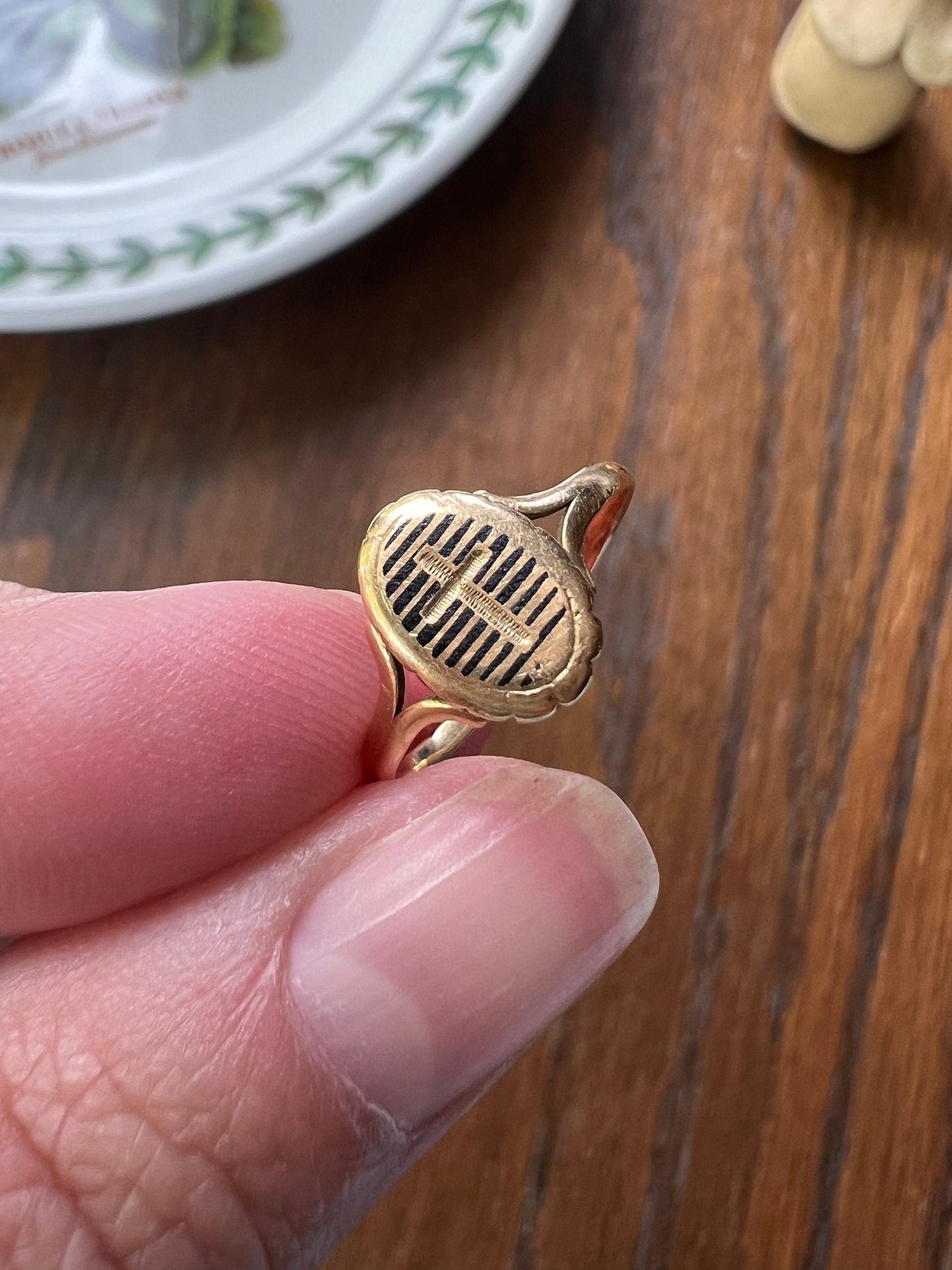 CROSS Antique Black Enamel STRIPES French Victorian Ring 18k Gold Folk Romantic Gift Jewelry with Symbols Religious Christian Stacker