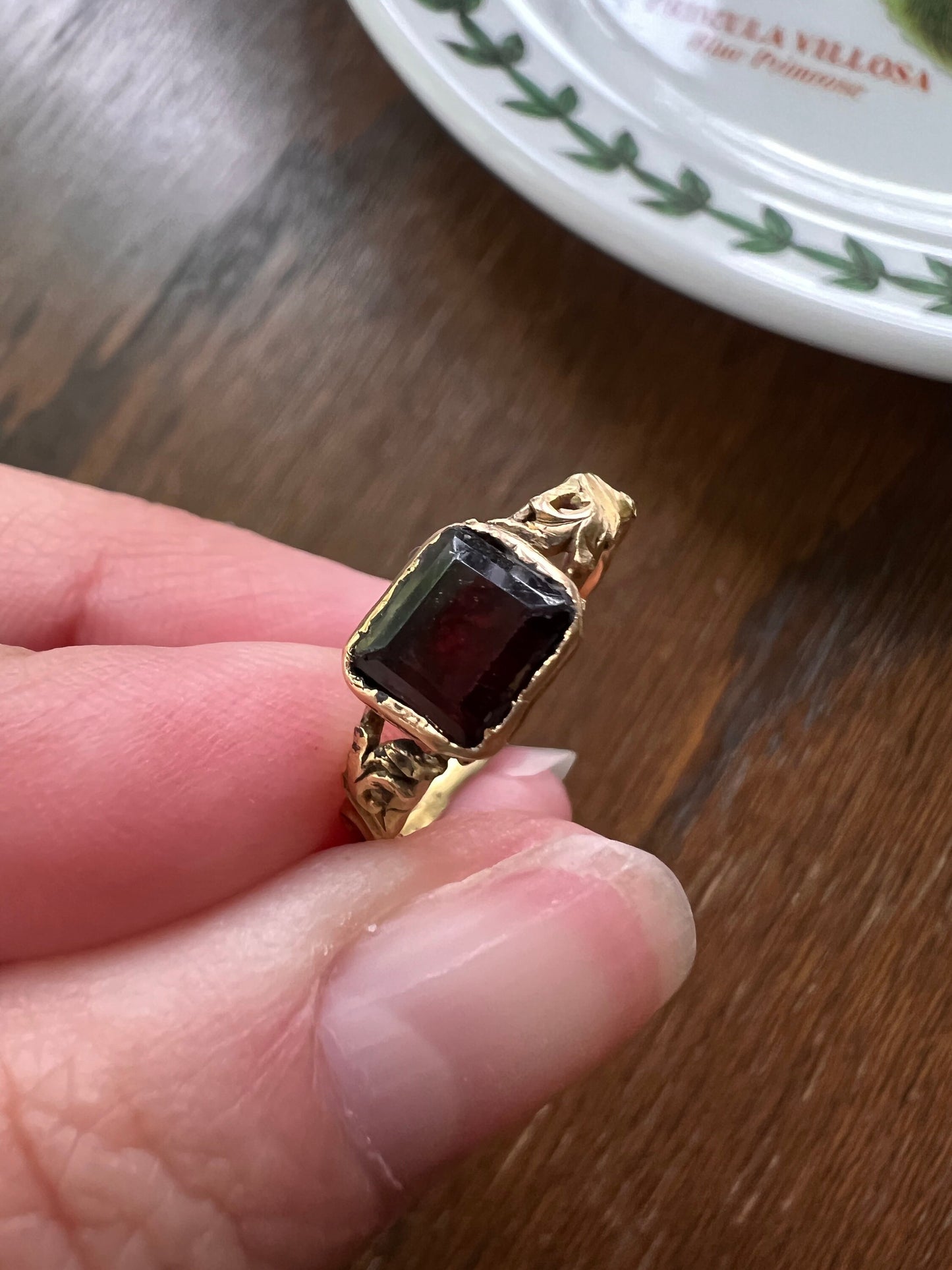 GEORGIAN Flat Cut Garnet 18k Gold Scrolled Shoulders Closed Back Ring Butt Lover's Club Band Stacker Geometric Rectangular Crimson Red Gift