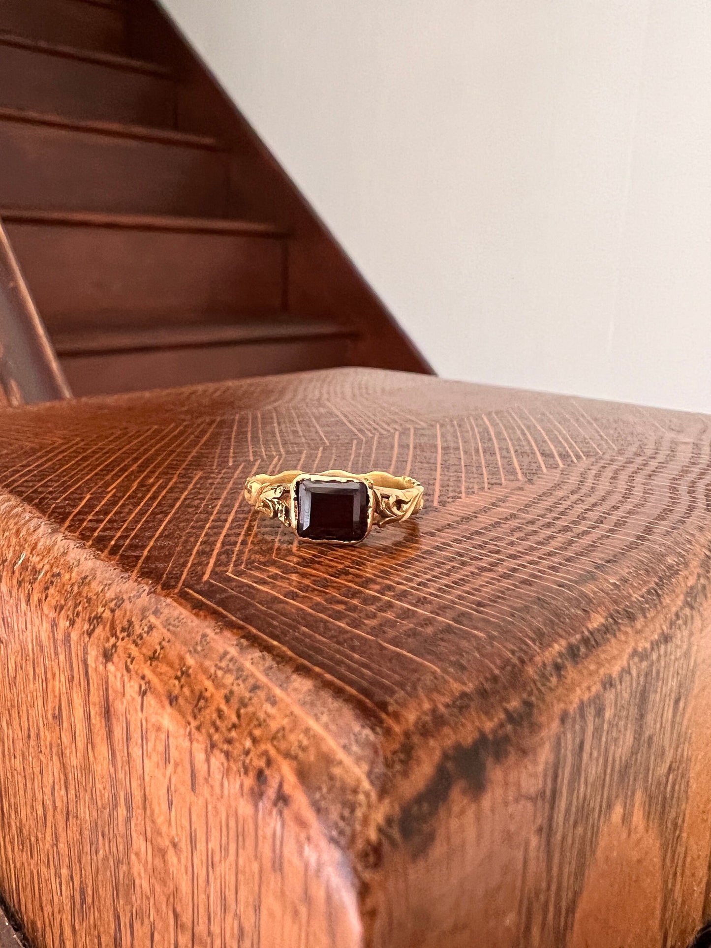 GEORGIAN Flat Cut Garnet 18k Gold Scrolled Shoulders Closed Back Ring Butt Lover's Club Band Stacker Geometric Rectangular Crimson Red Gift