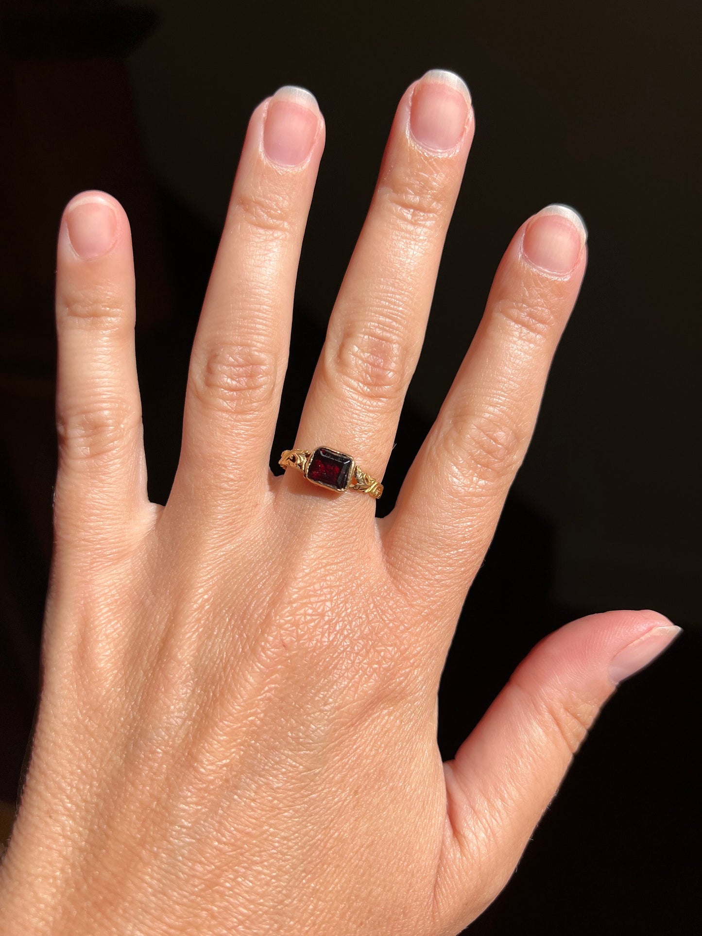 GEORGIAN Flat Cut Garnet 18k Gold Scrolled Shoulders Closed Back Ring Butt Lover's Club Band Stacker Geometric Rectangular Crimson Red Gift