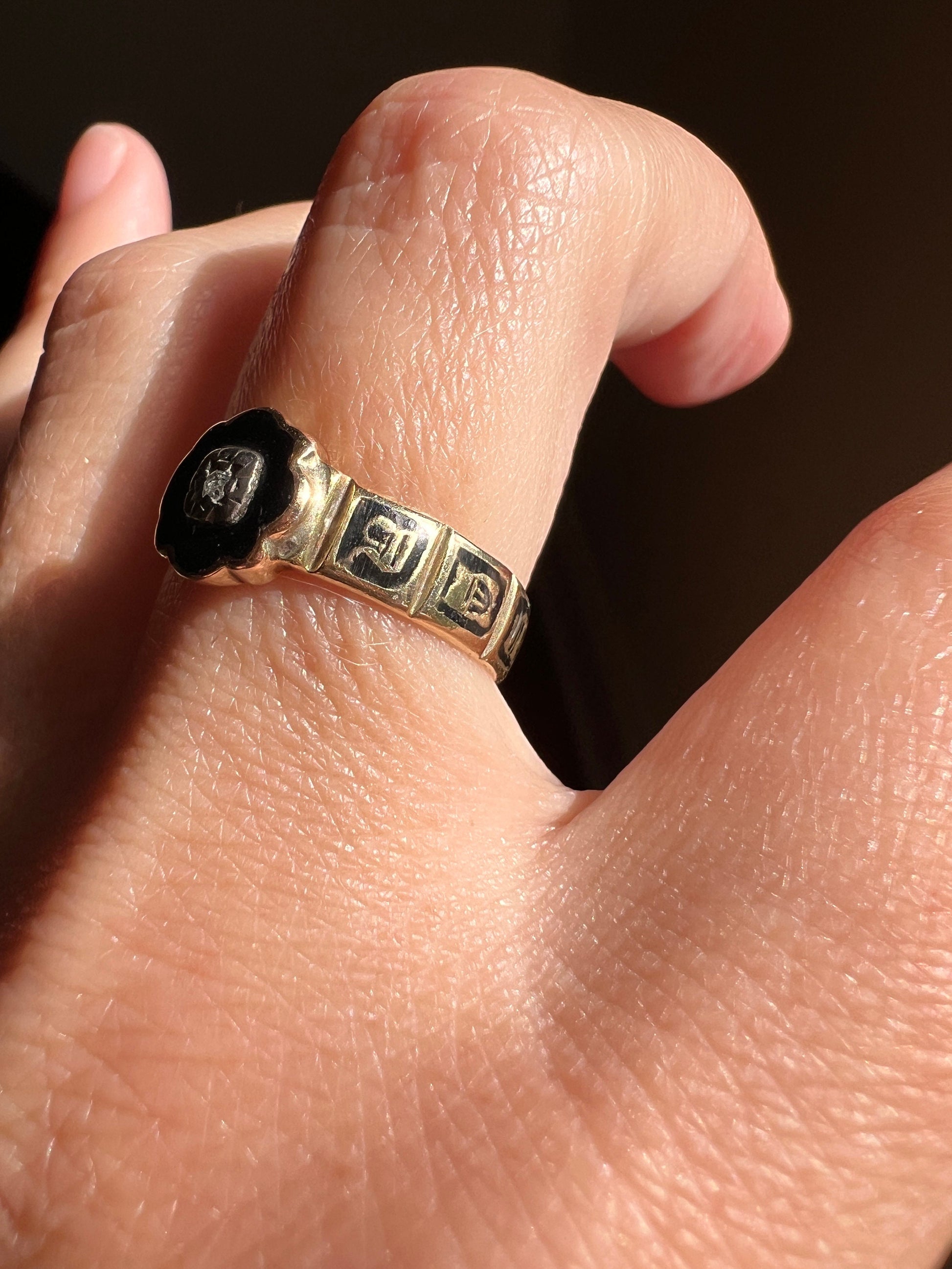 In MEMORY Of Black Enamel Old Mine Cut DIAMOND 14k Gold Victorian Closed Back Ring with Words 360 Band Unique Gift Mourning Love Token Gift