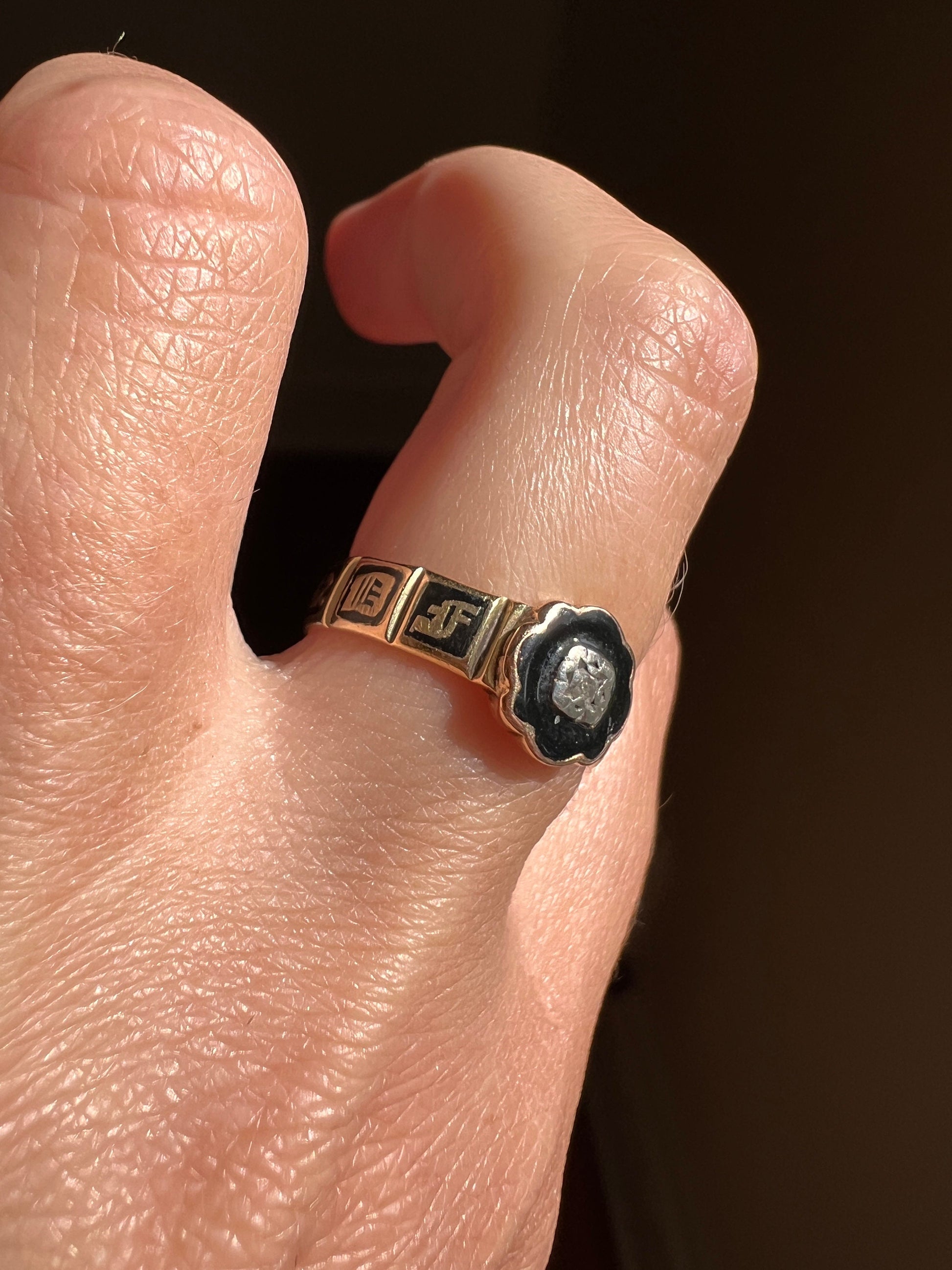 In MEMORY Of Black Enamel Old Mine Cut DIAMOND 14k Gold Victorian Closed Back Ring with Words 360 Band Unique Gift Mourning Love Token Gift