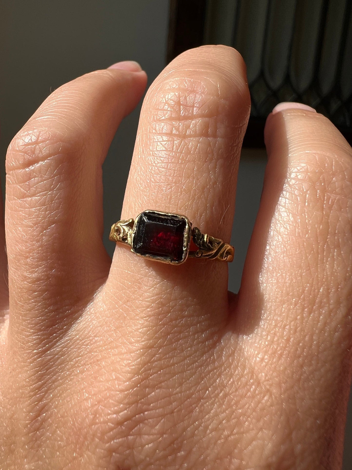 GEORGIAN Flat Cut Garnet 18k Gold Scrolled Shoulders Closed Back Ring Butt Lover's Club Band Stacker Geometric Rectangular Crimson Red Gift