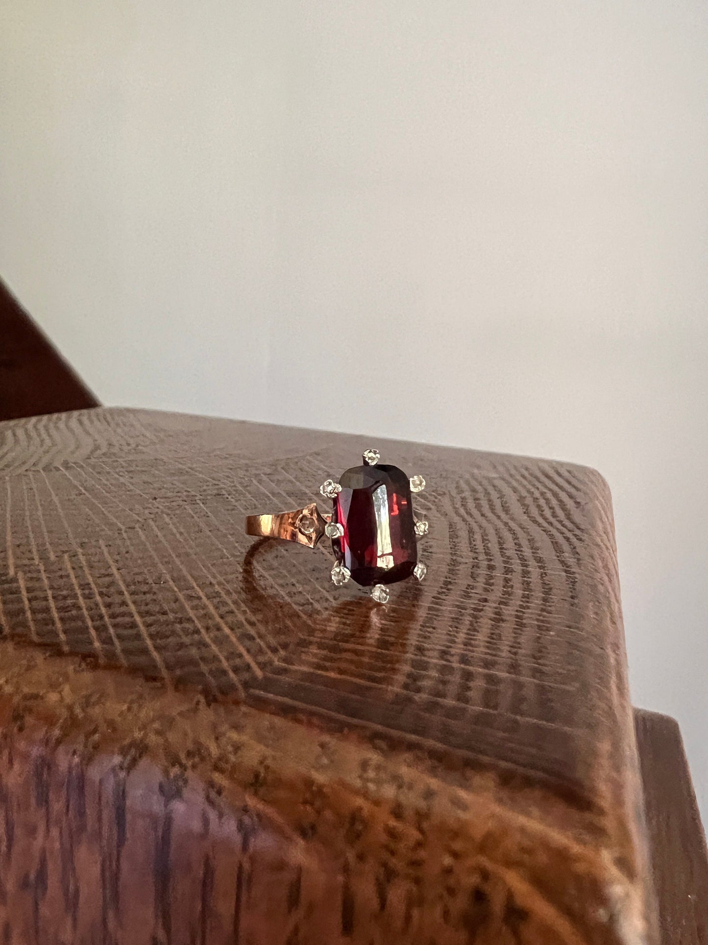 French Victorian Buff Top GARNET HALO Rose Cut DIAMOND 18k Rose Gold Unique Antique Belle Epoque Reverse Faceted Crimson Red Romantic Gift