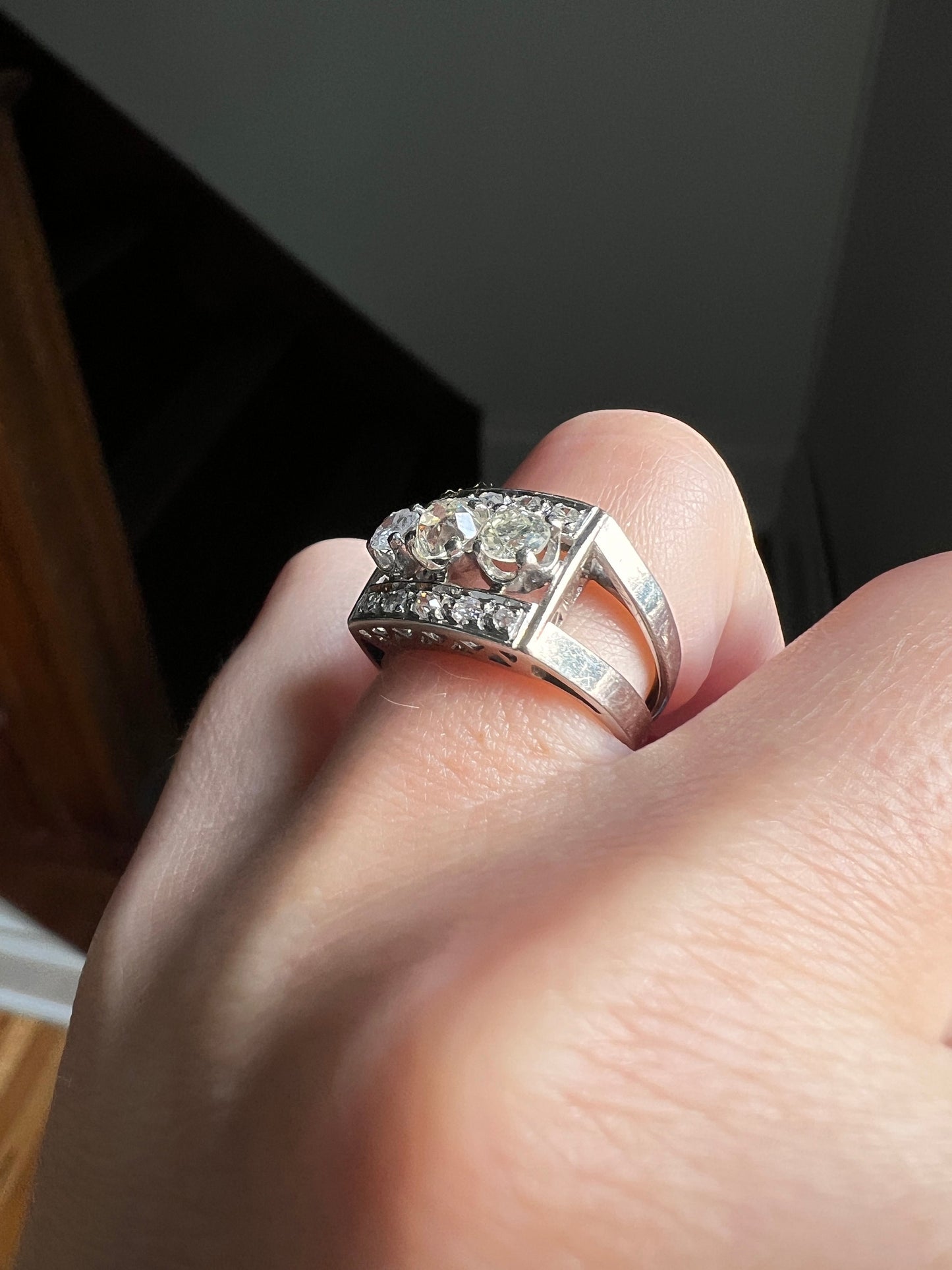 French Antique .85 Carat Old Mine Cut DIAMOND Linear Tank Ring 18k White Gold Romantic Gift Chunky Belle Epoque Geometric Rectangular .85Ctw