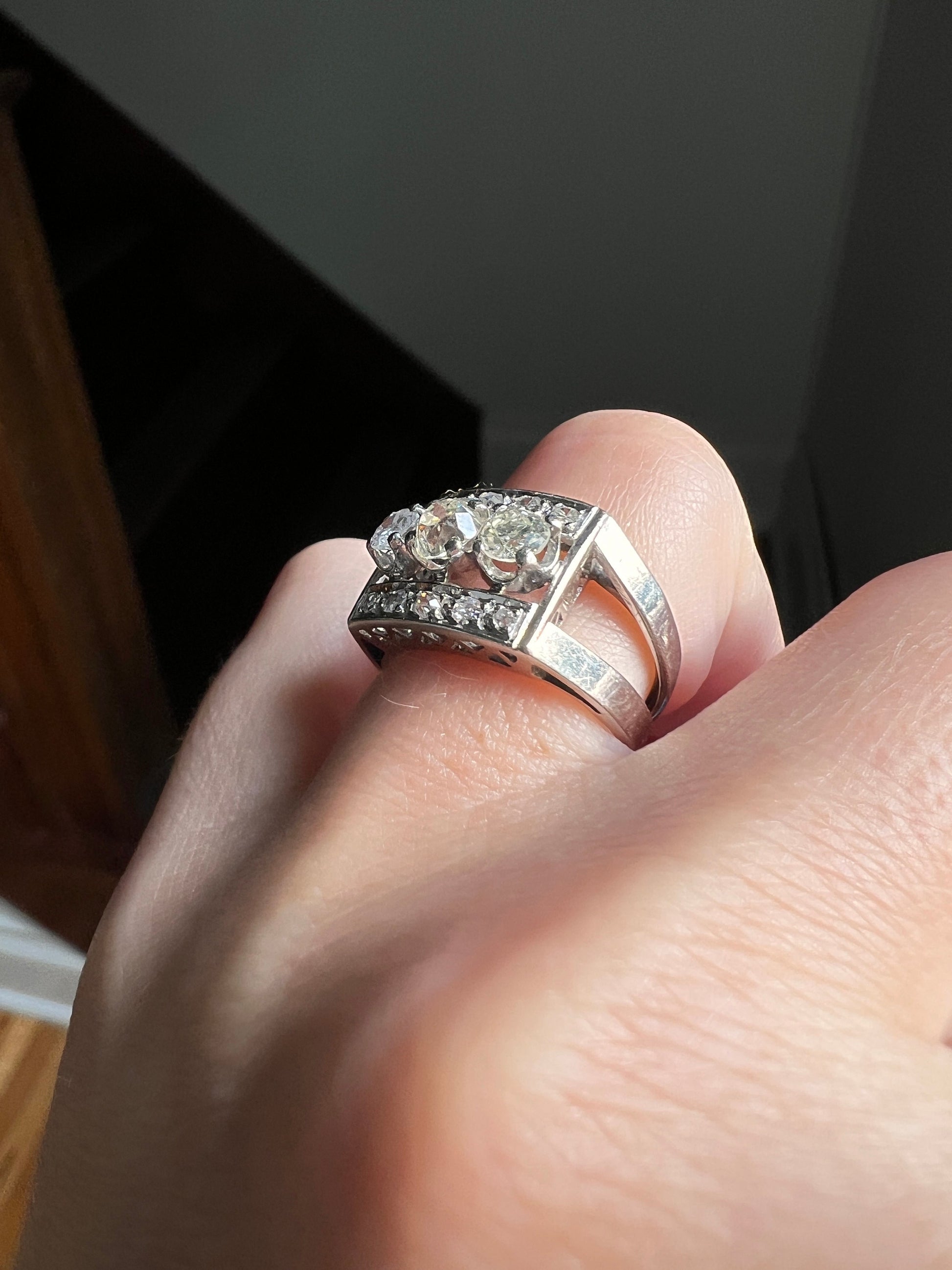 French Antique .85 Carat Old Mine Cut DIAMOND Linear Tank Ring 18k White Gold Romantic Gift Chunky Belle Epoque Geometric Rectangular .85Ctw