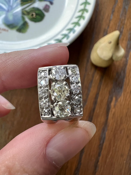 French Antique .85 Carat Old Mine Cut DIAMOND Linear Tank Ring 18k White Gold Romantic Gift Chunky Belle Epoque Geometric Rectangular .85Ctw