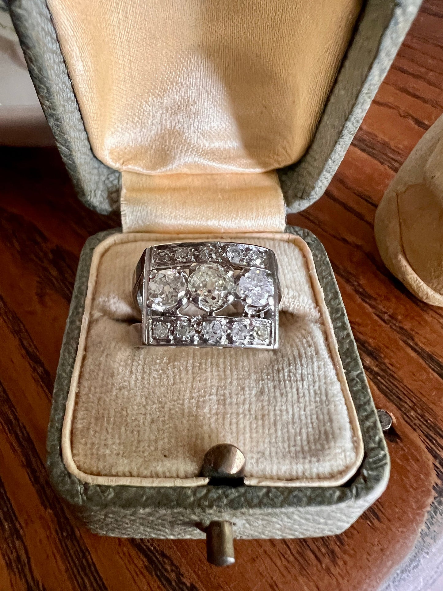 French Antique .85 Carat Old Mine Cut DIAMOND Linear Tank Ring 18k White Gold Romantic Gift Chunky Belle Epoque Geometric Rectangular .85Ctw