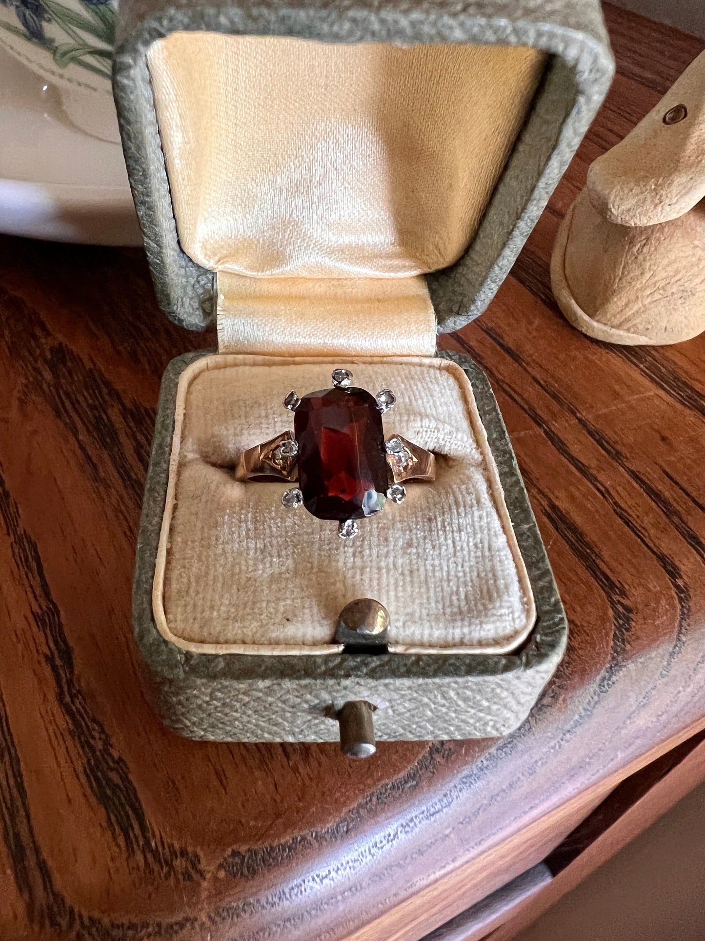 French Victorian Buff Top GARNET HALO Rose Cut DIAMOND 18k Rose Gold Unique Antique Belle Epoque Reverse Faceted Crimson Red Romantic Gift