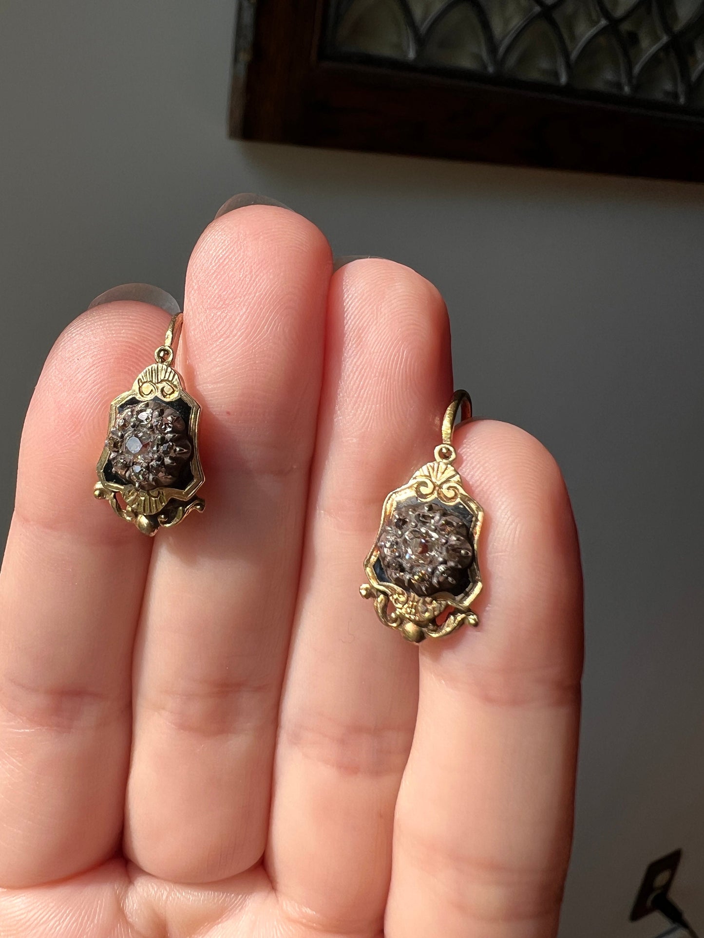 VICTORIAN French ANTIQUE Dormeuse Earrings Old Mine Cut DIAMOND Black Enamel 18k Gold Shield Dangle Romantic Gift Something Old Belle Epoque