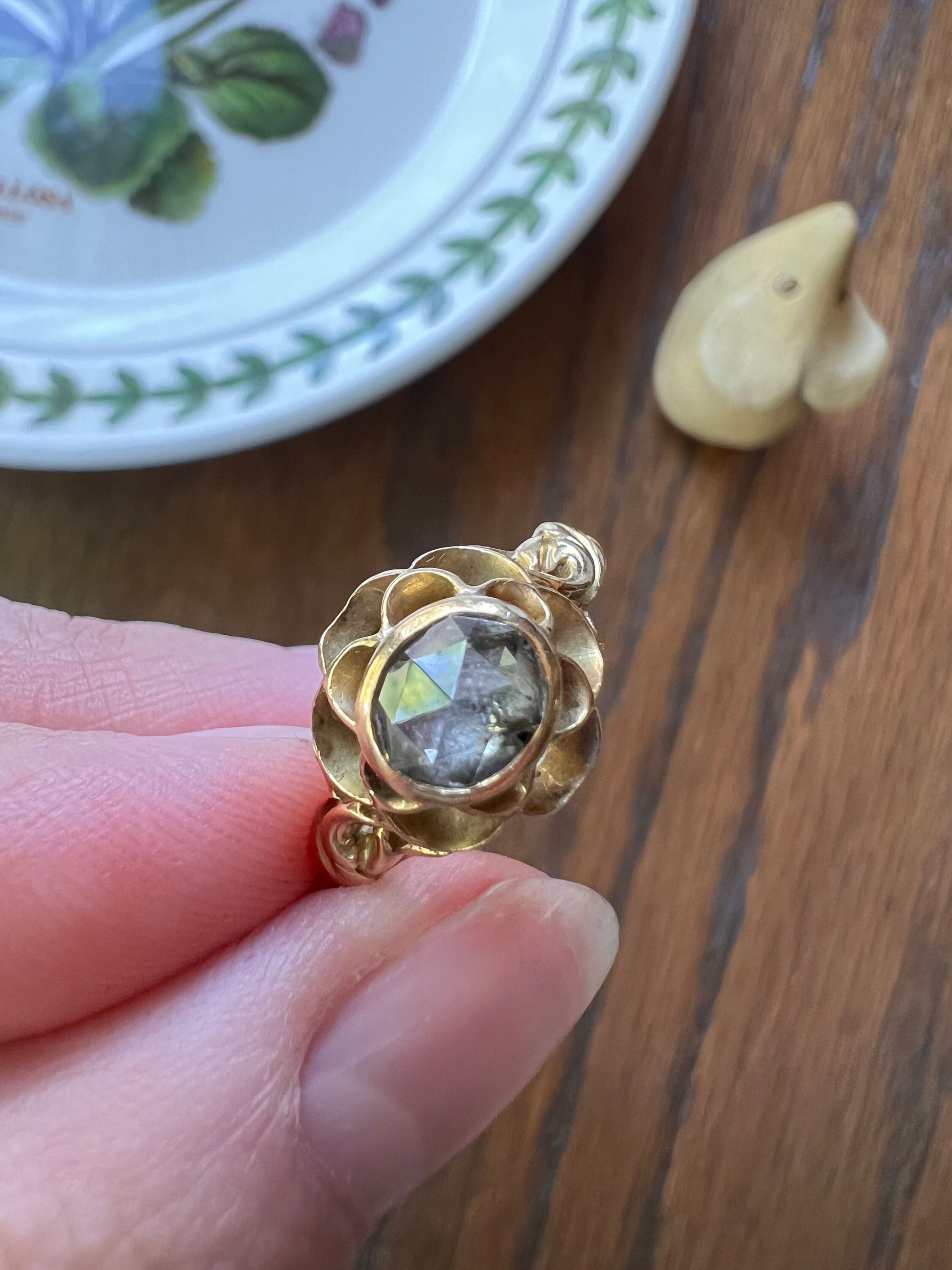 Large BUTTERCUP Acanthus LEAF French VICTORiAN Antique Rose Cut Diamond Ring 18k Gold Foiled Disco Ball Ornate Romantic Gift Belle Epoque