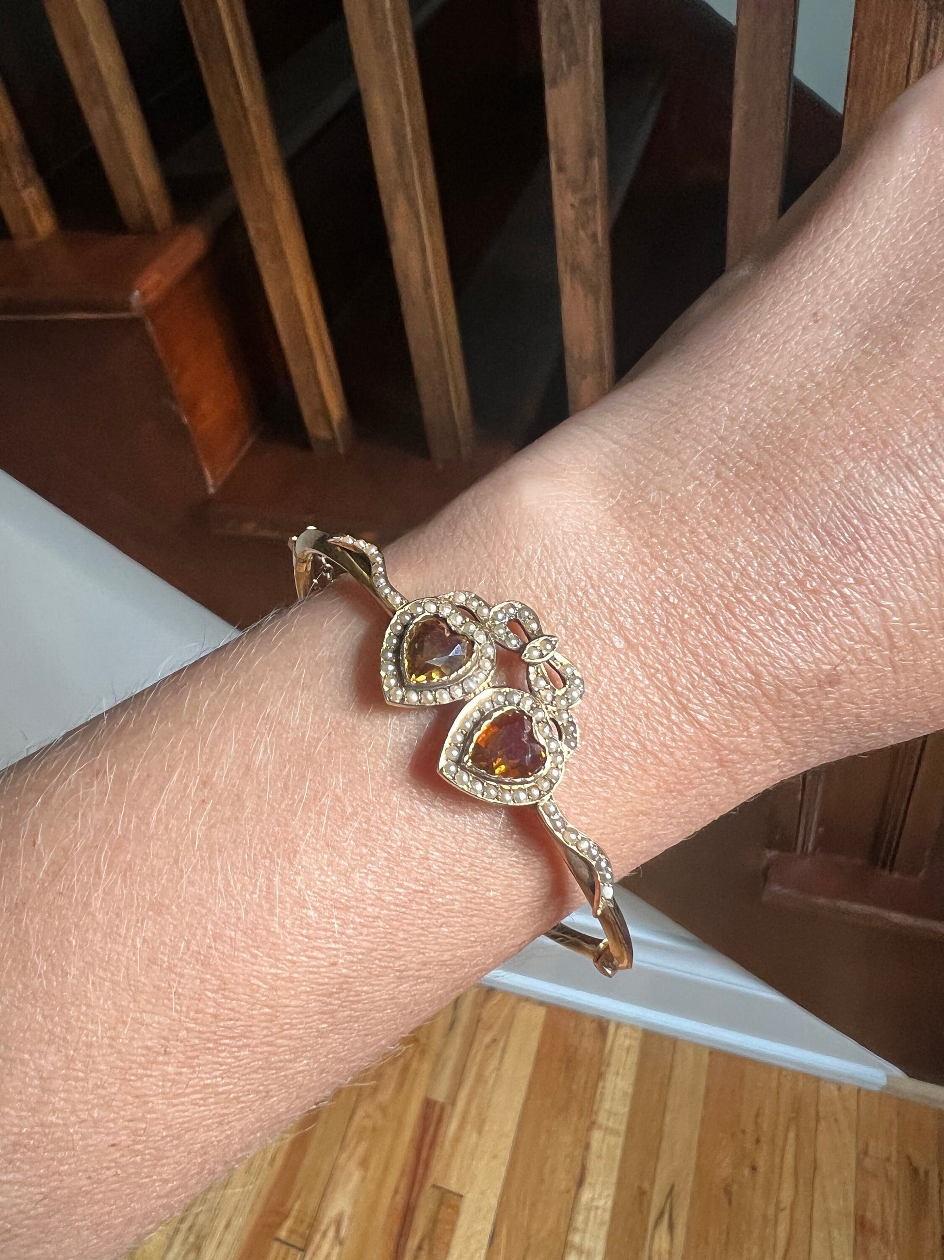 FIGURAL Double HEART Bowed CITRINE Seed Pearl Antique Hinged Bangle Bracelet 15k Gold Ribbon