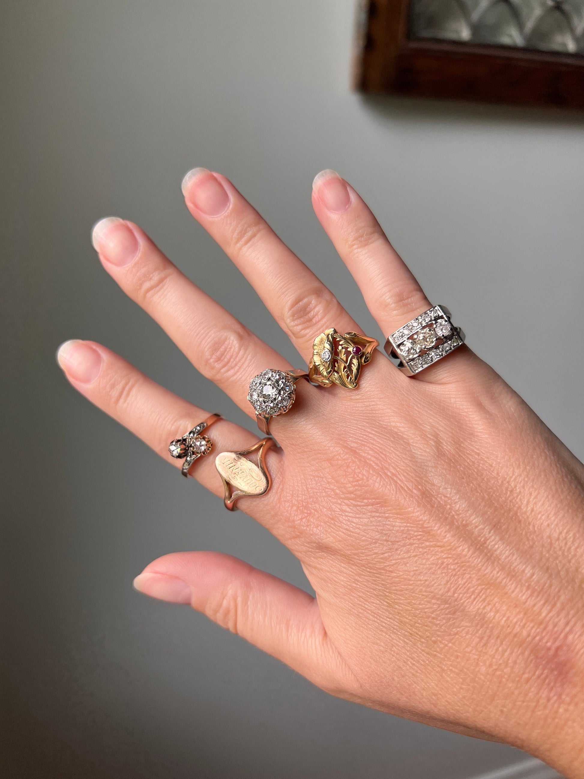 French Antique .85 Carat Old Mine Cut DIAMOND Linear Tank Ring 18k White Gold Romantic Gift Chunky Belle Epoque Geometric Rectangular .85Ctw
