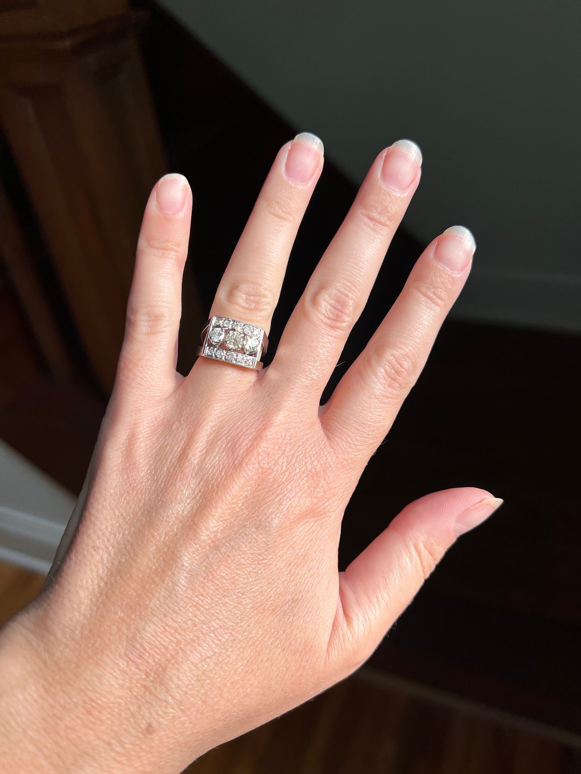 French Antique .85 Carat Old Mine Cut DIAMOND Linear Tank Ring 18k White Gold Romantic Gift Chunky Belle Epoque Geometric Rectangular .85Ctw