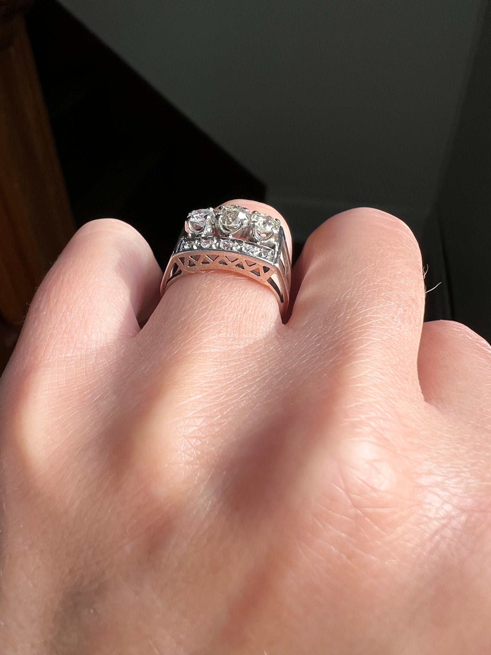 French Antique .85 Carat Old Mine Cut DIAMOND Linear Tank Ring 18k White Gold Romantic Gift Chunky Belle Epoque Geometric Rectangular .85Ctw