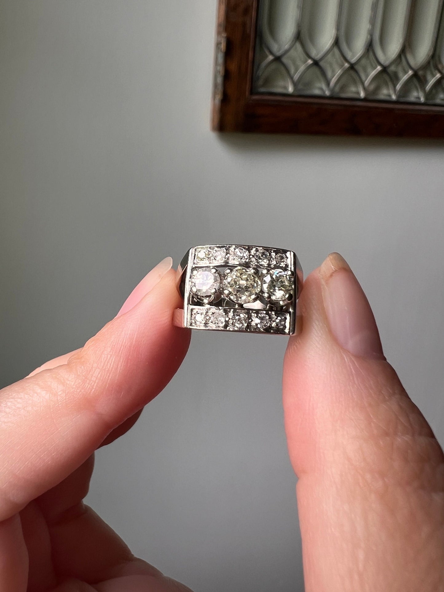 French Antique .85 Carat Old Mine Cut DIAMOND Linear Tank Ring 18k White Gold Romantic Gift Chunky Belle Epoque Geometric Rectangular .85Ctw