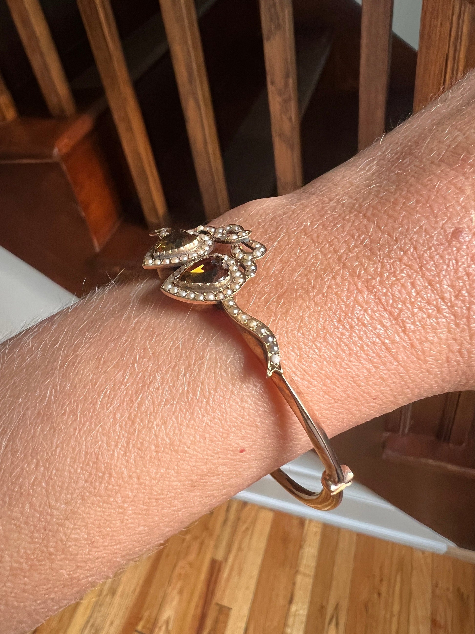 FIGURAL Double HEART Bowed CITRINE Seed Pearl Antique Hinged Bangle Bracelet 15k Gold Ribbon