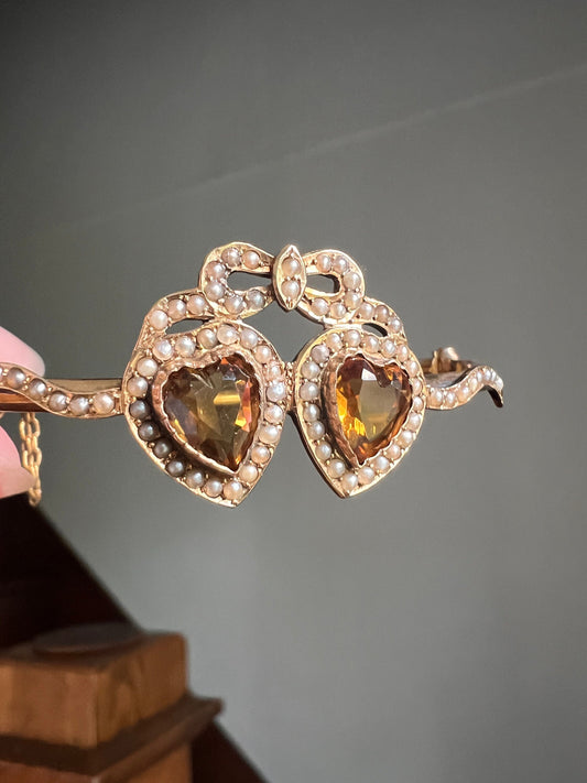 FIGURAL Double HEART Bowed CITRINE Seed Pearl Antique Hinged Bangle Bracelet 15k Gold Ribbon
