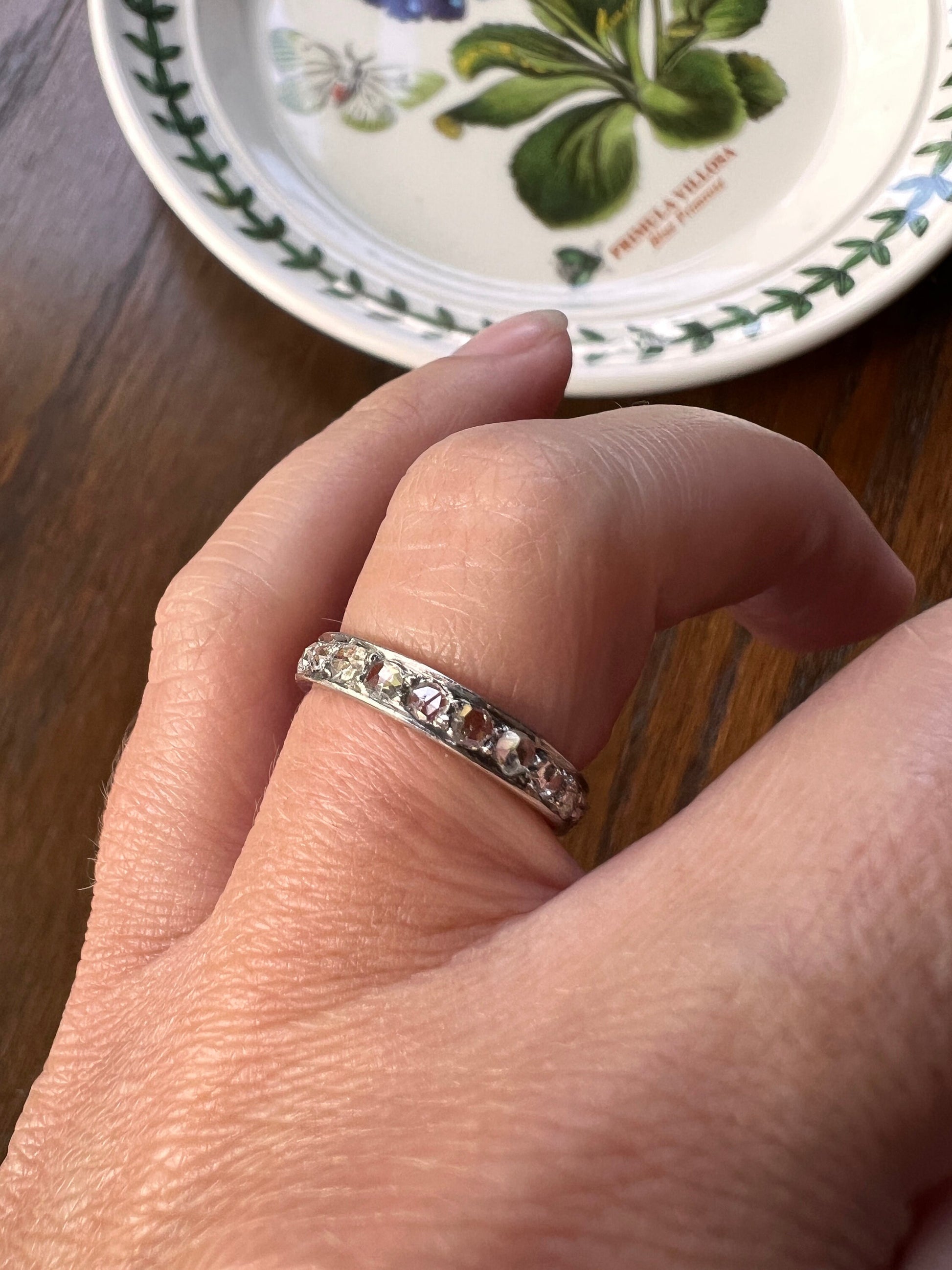 French ANTIQUE Rose Cut DIAMOND Full Eternity Band PLATINUM Ring Dainty Skinny Stacker Romantic Gift Engraved Edge Belle Epoque Edwardian