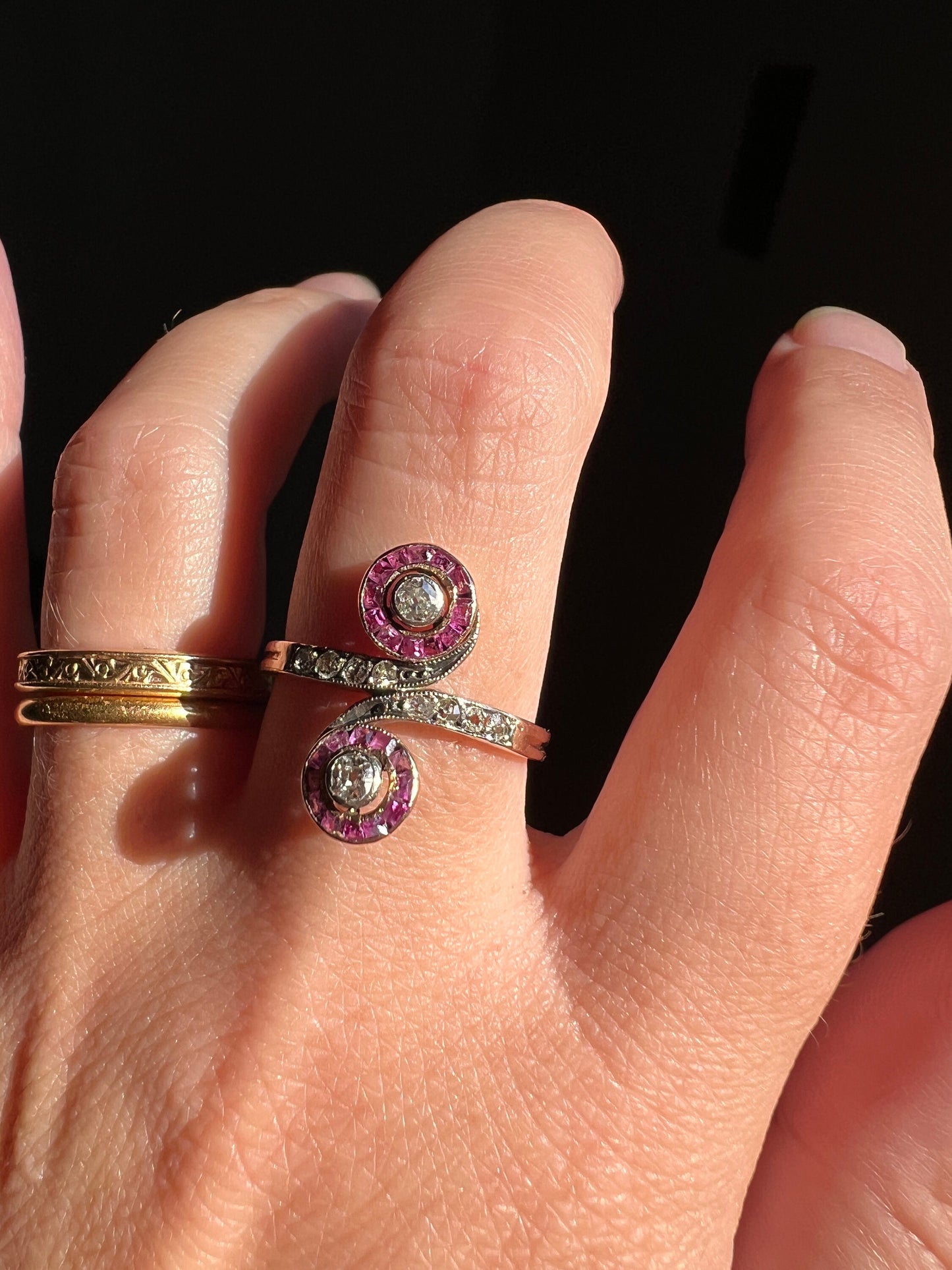 French ANTIQUE Old Mine Cut DIAMOND Toi et Moi Ring Natural Ruby Halo Infinity Swirl 14k Rose Gold Art Nouveau Victorian Romantic Gift OmC