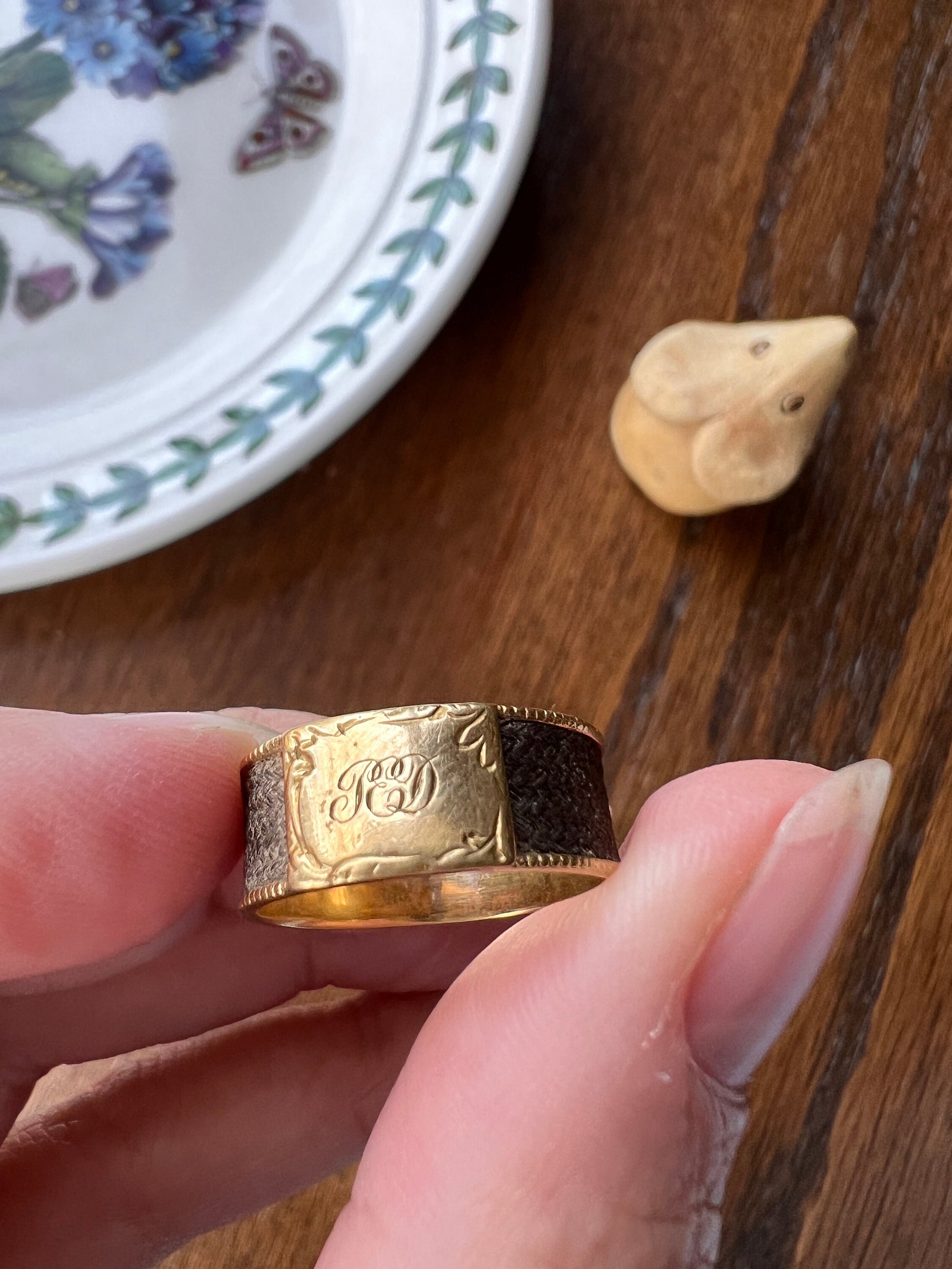 Letters " JED " French Antique Victorian Wide Band 18k Gold Hair Ring Mourning Love Token Victorian Belle Epoque Unique Gift Stacker Initial