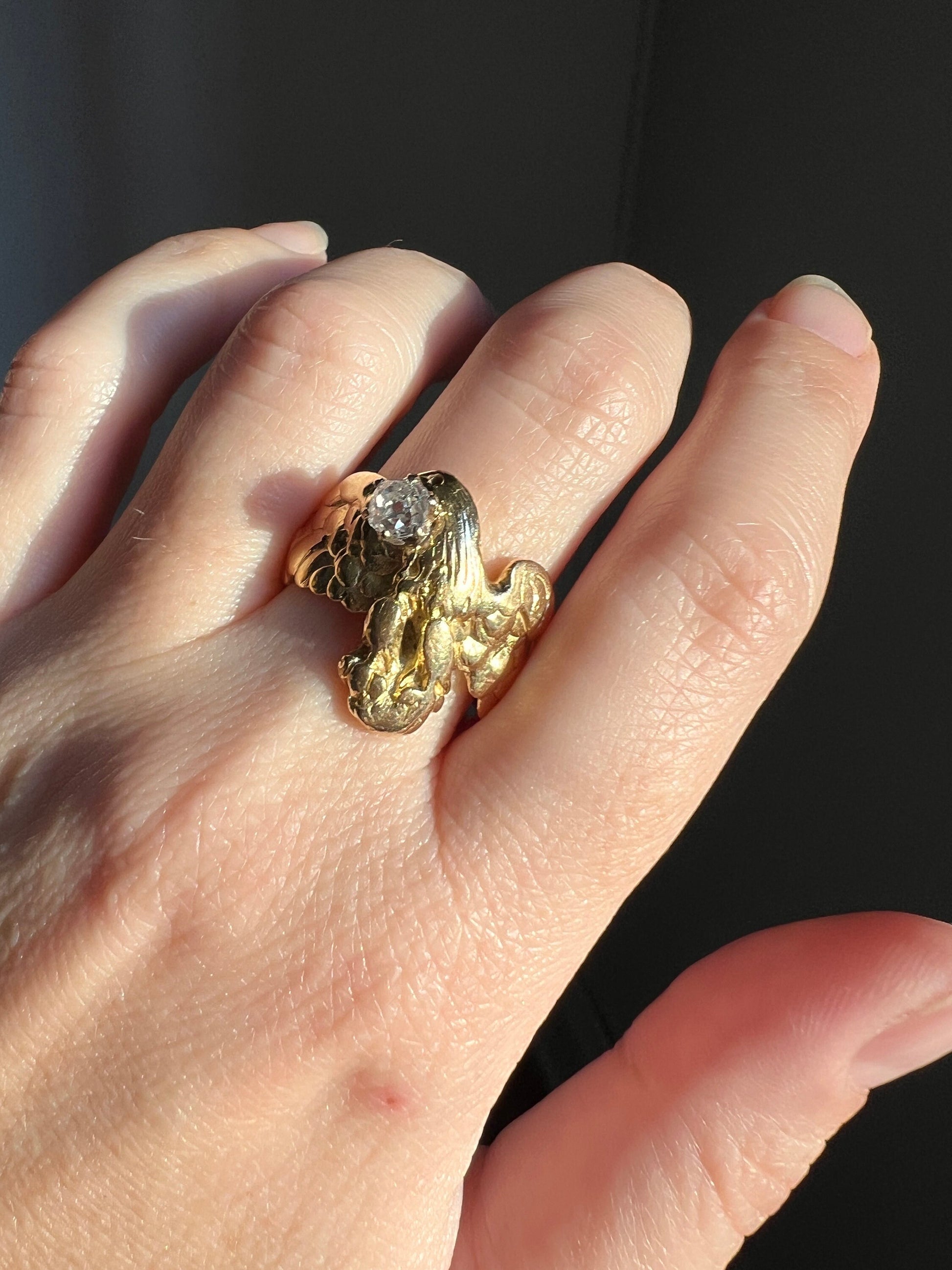 EAGLE French ANTIQUE Art Nouveau .45 Carat Old Mine Cut DIAMOND Heavy 12.4g 18k Gold Ring Courage Strength Figural Animal Romantic Gift OmC