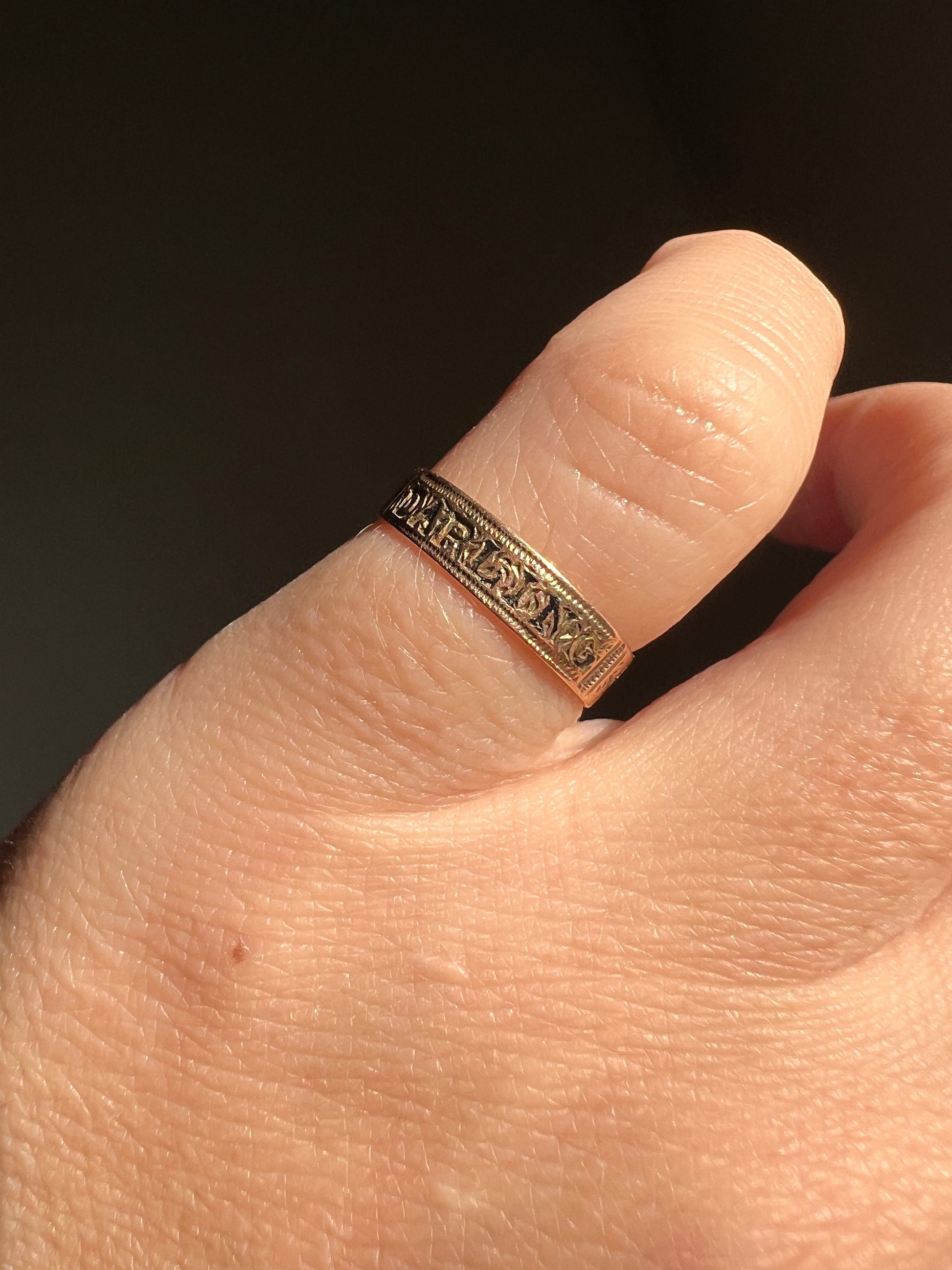 Antique " DARLING " Skinny Band VICTORIAN Ring 10k Rose Gold Enamel Cigar Band Stacker Romantic Gift Hard to Find Minimalist Pinky Midi Rare