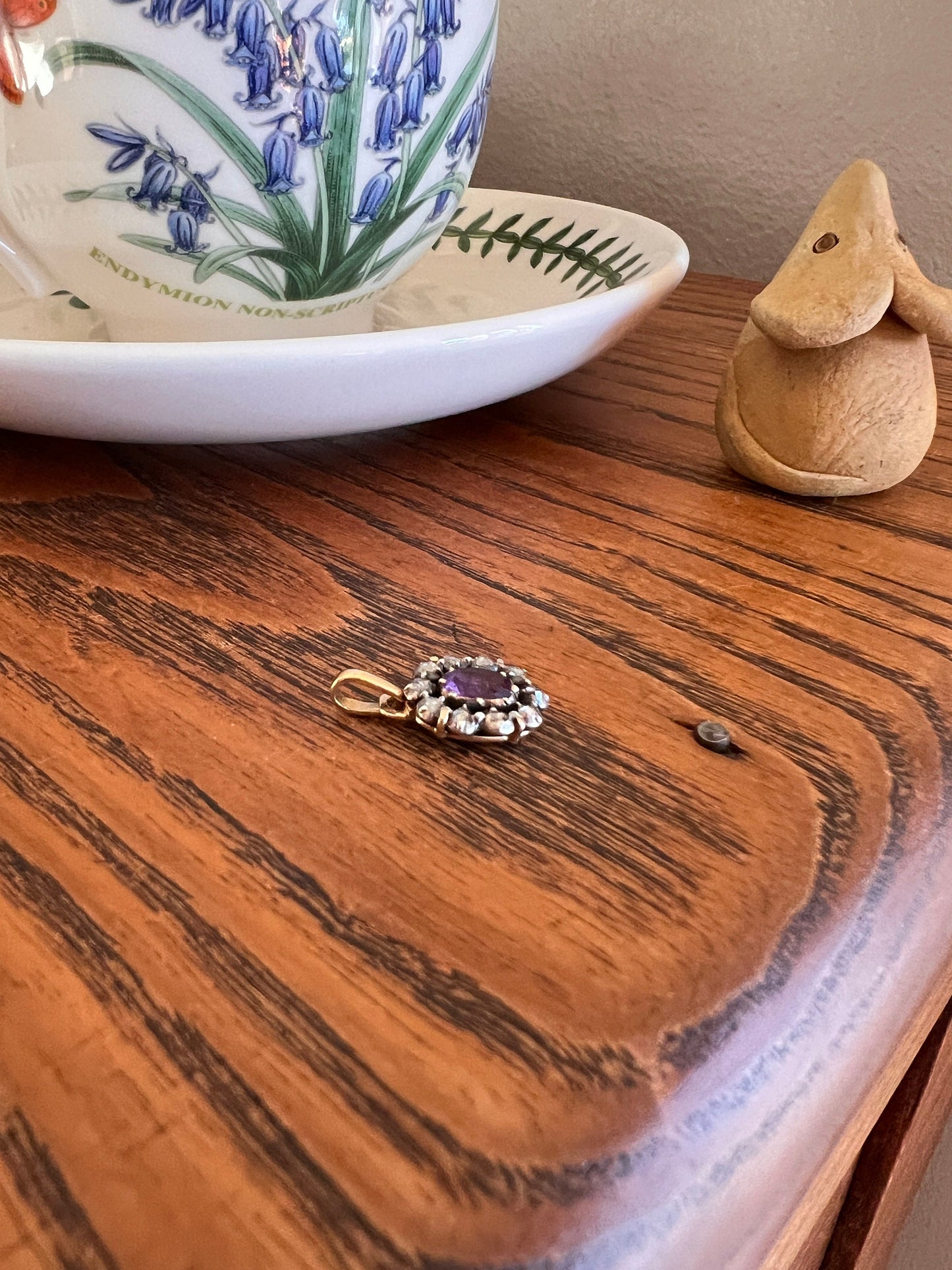 GEORGIAN Era French Antique Purple AMETHYST Rose Cut DIAMOND Halo Pendant 18k Gold Silver Collets Oval Drop Foil Backed Neckmess Neckstack