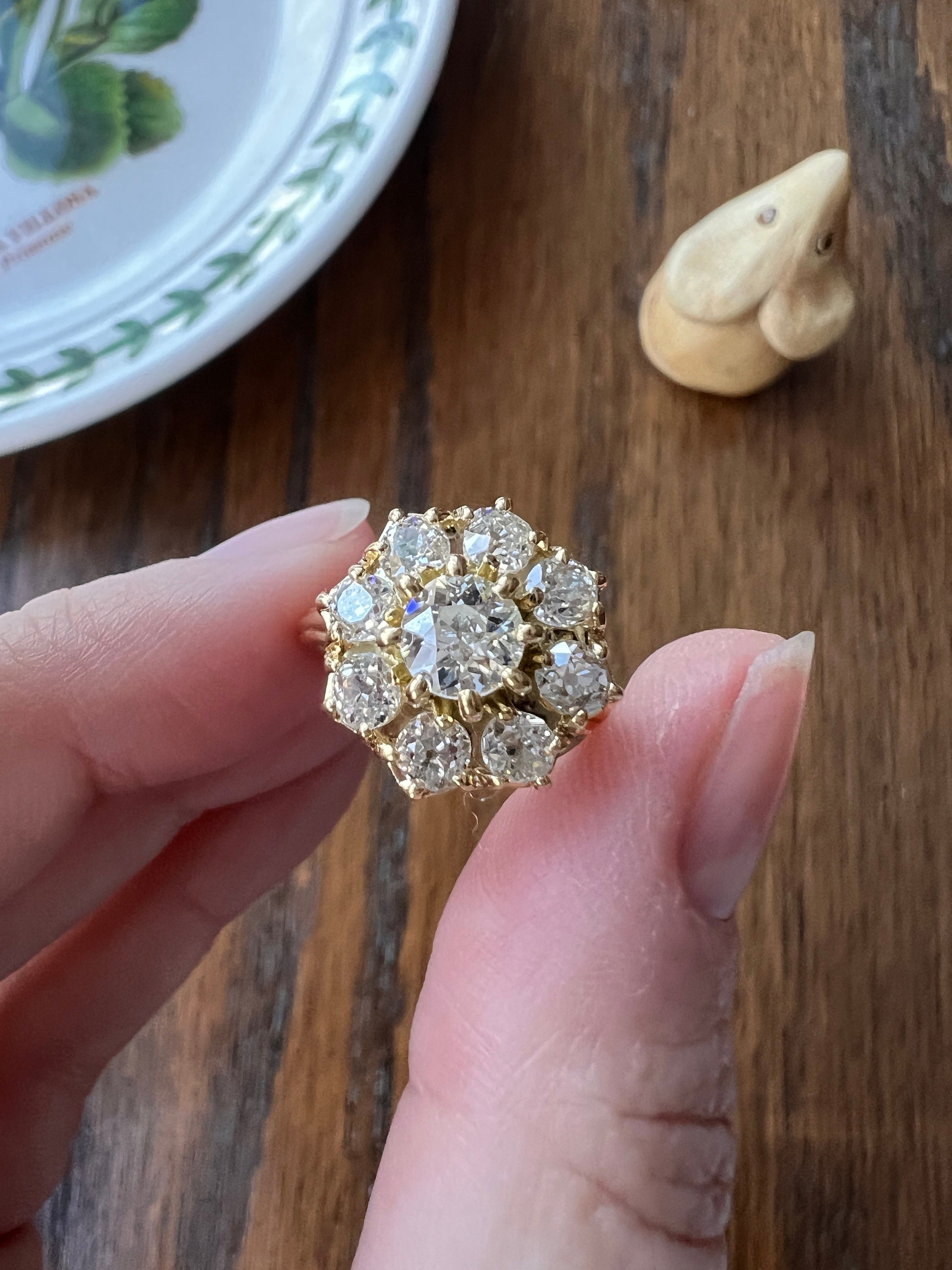 Tall ANTIQUE 1.8 Carat 9 Old Mine Cut DIAMOND Daisy Cluster Ring 18k Yellow Gold French Antique Belle Epoque Romantic Gift OmC Omc 1.8 Tdw