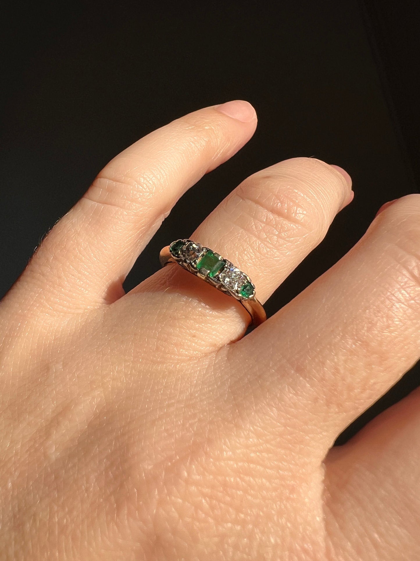 EMERALD Old Mine Cut DIAMOND French ANTIQUE Linear Ring 18k Gold Alternating Green Skinny Band Stacker Romantic Gift Victorian Edwardian OmC