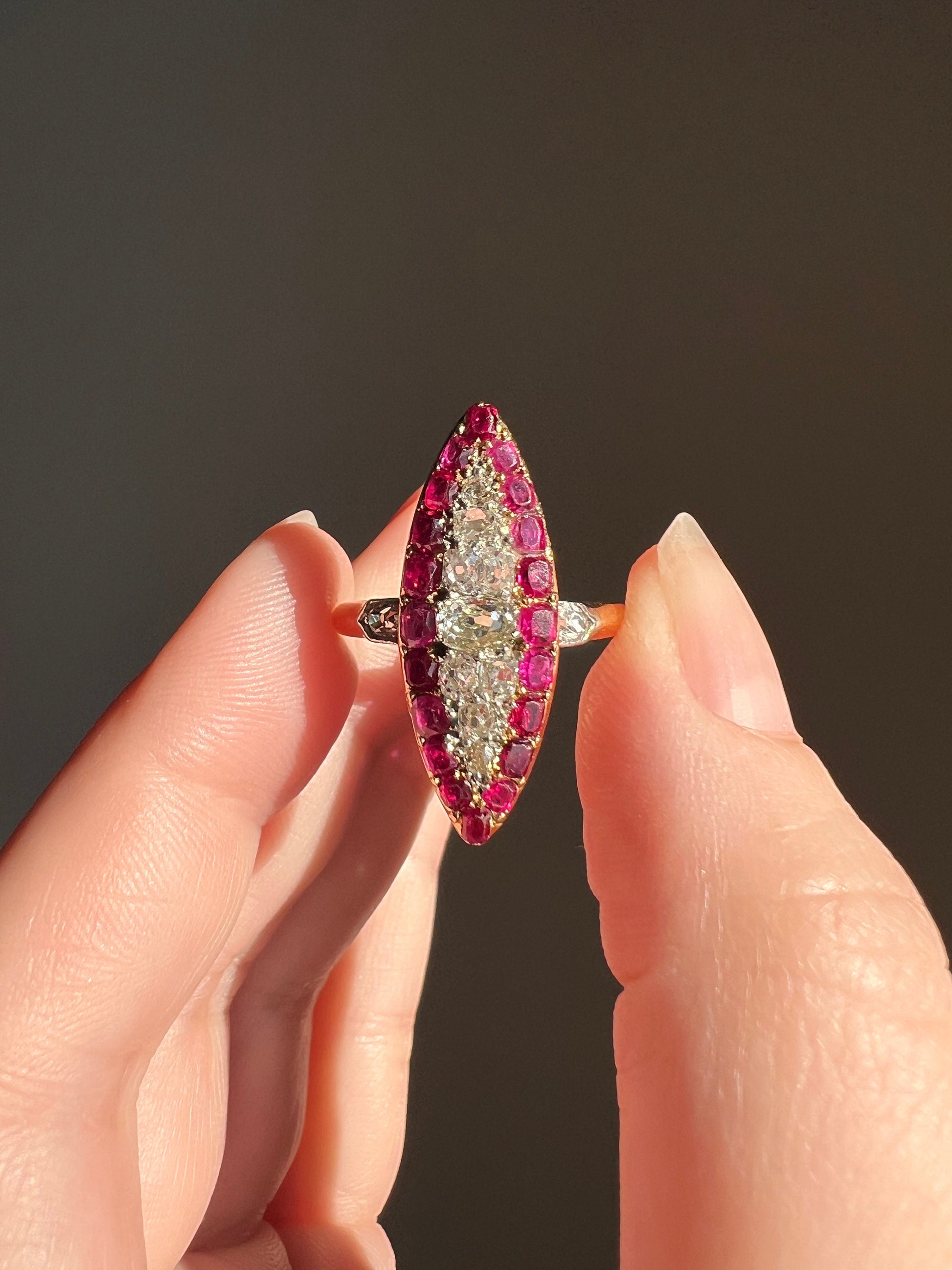 Awesome .7 Carat Oval Old Mine Cut DIAMOND Natural RUBY Pink Halo French Antique Navette Ring 18k Gold Art Nouveau Belle Epoque Gift .7Tdw