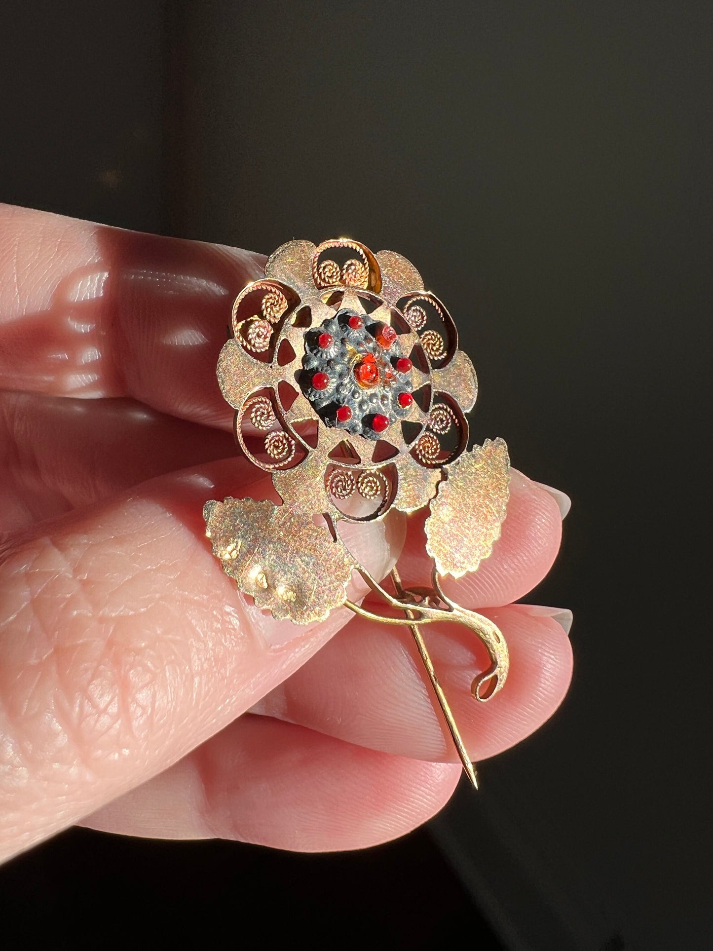 GEORGIAN Era French Antique 18k Gold Blue Red White Enamel STAR Floral Figural Stick PIN or Pendant Conv. Hinged Back Brooch Filigree Leaf