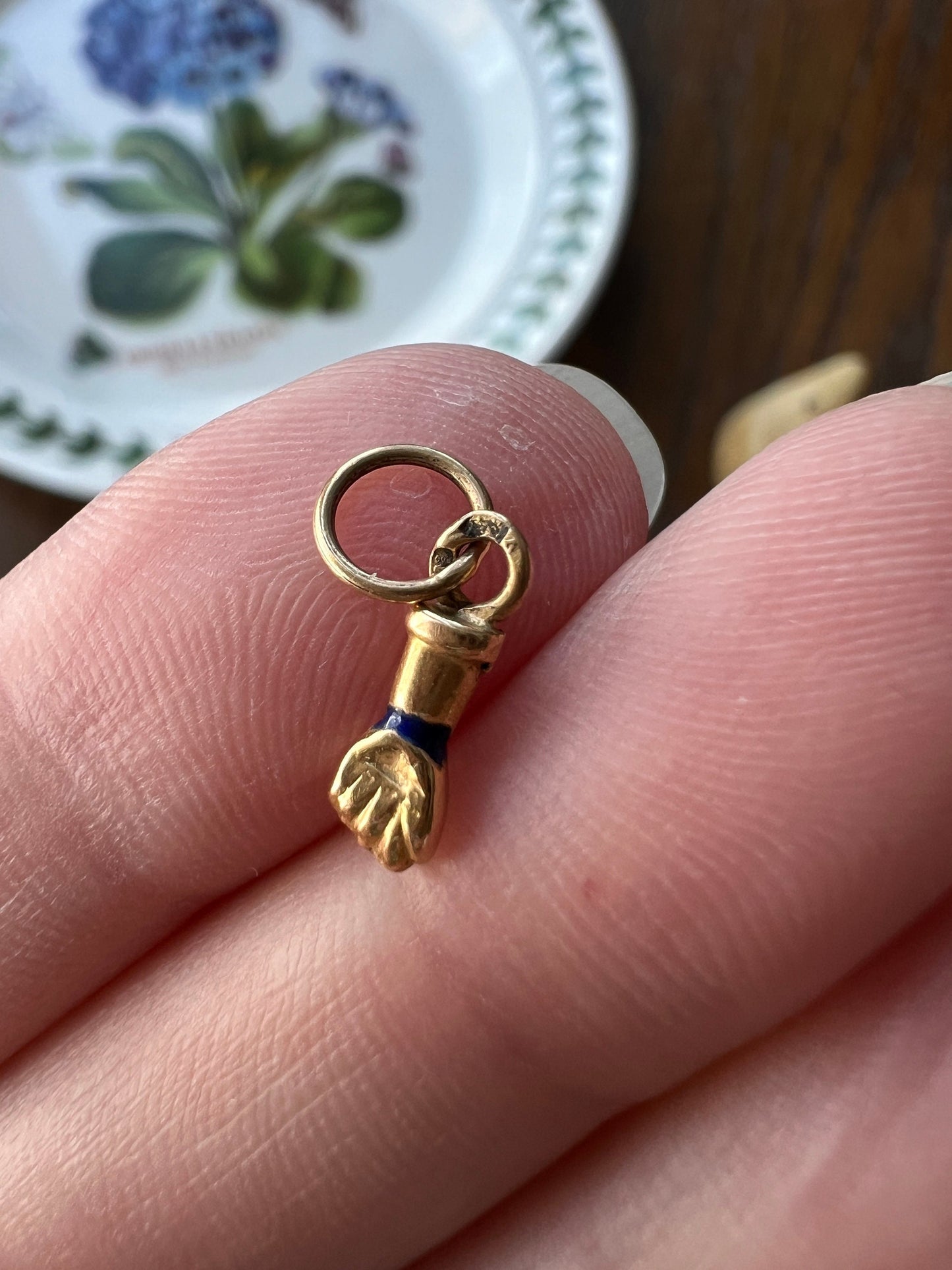 World's TINIEST FIGA Hand Antique Victorian 19k Gold Blue Enamel Pendant Miniature Charm Figural Fist Good Luck Lucky Mano Fico Amulet 18k