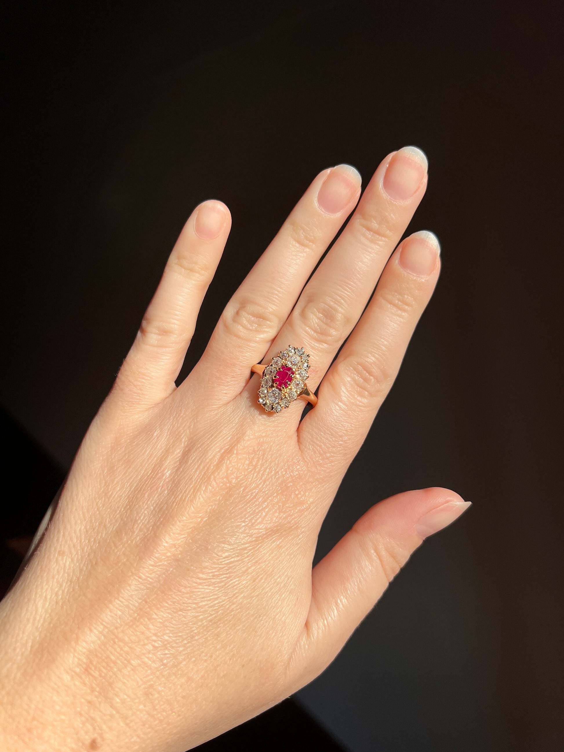 ANTIQUE 1 Carat + OVAL Old Mine Cut DIAMOND & Pink Ruby Sapphire Cluster Ring 18k Gold Romantic Gift Belle Epoque OmC 1 Ct Tdw OmC Navette